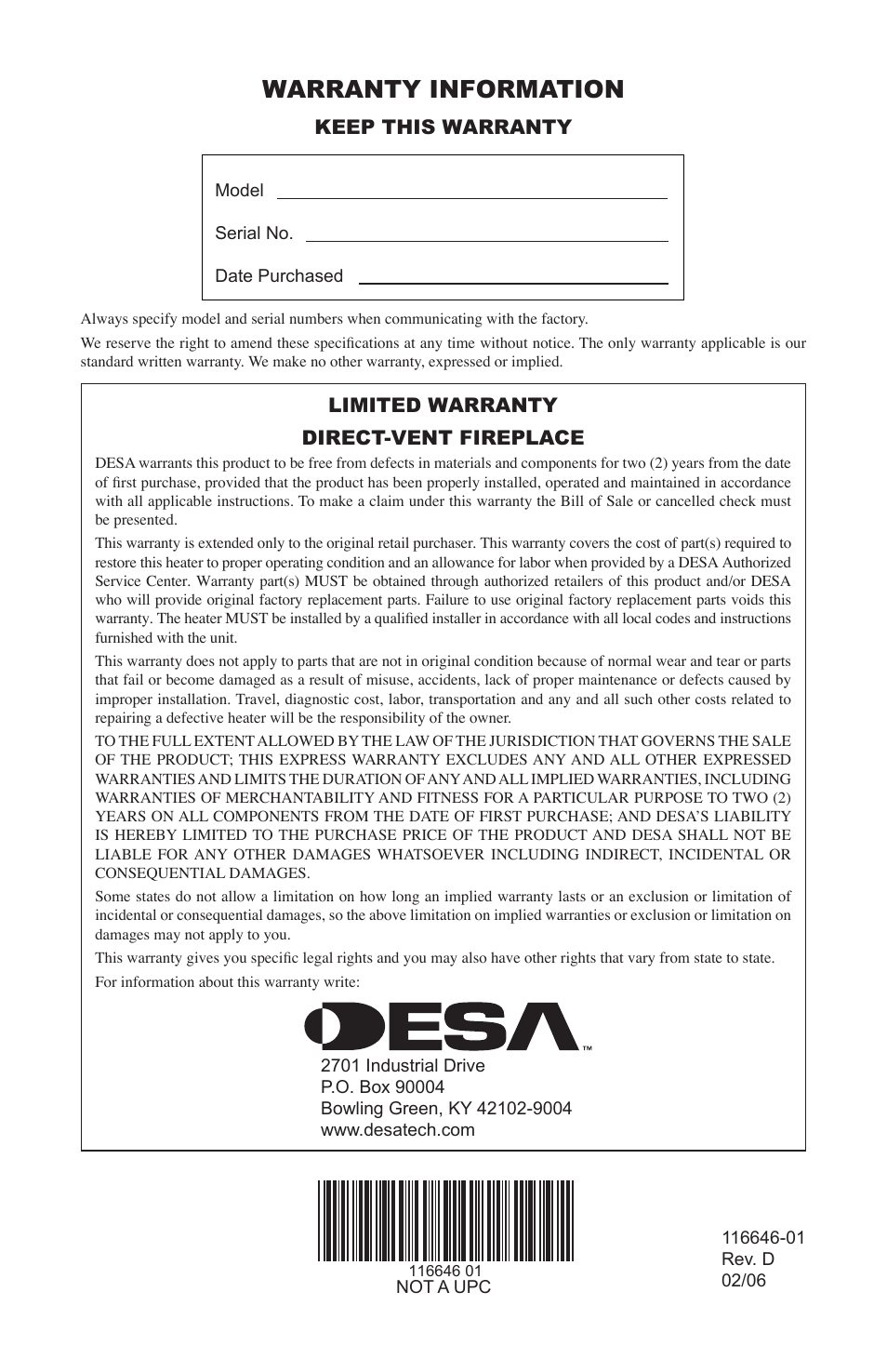 Warranty information, Limited warranty direct-vent fireplace, Keep this warranty | Desa T32N-a SERIES User Manual | Page 44 / 44