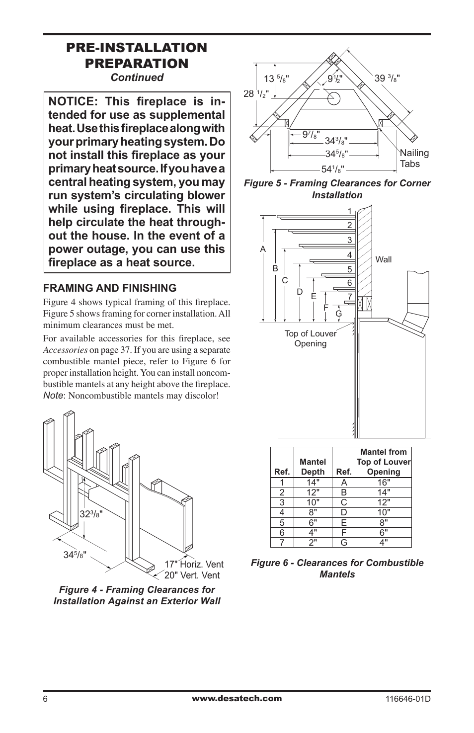 Pre-installation preparation, Continued, Framing and finishing | Desa T32N-a SERIES User Manual | Page 6 / 44