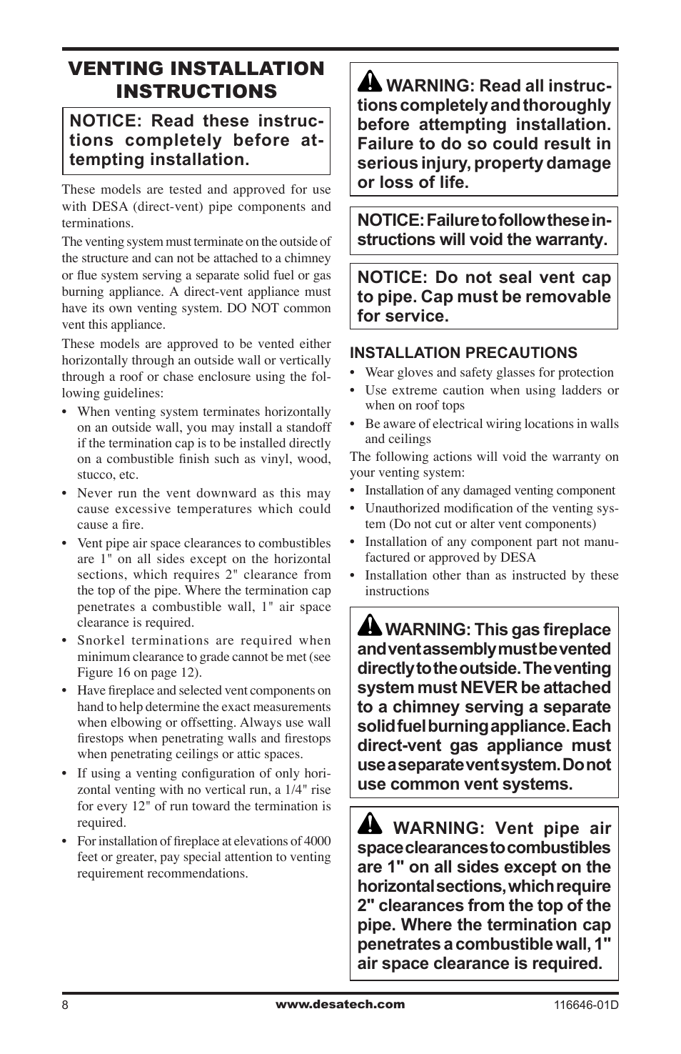 Venting installation instructions | Desa T32N-a SERIES User Manual | Page 8 / 44