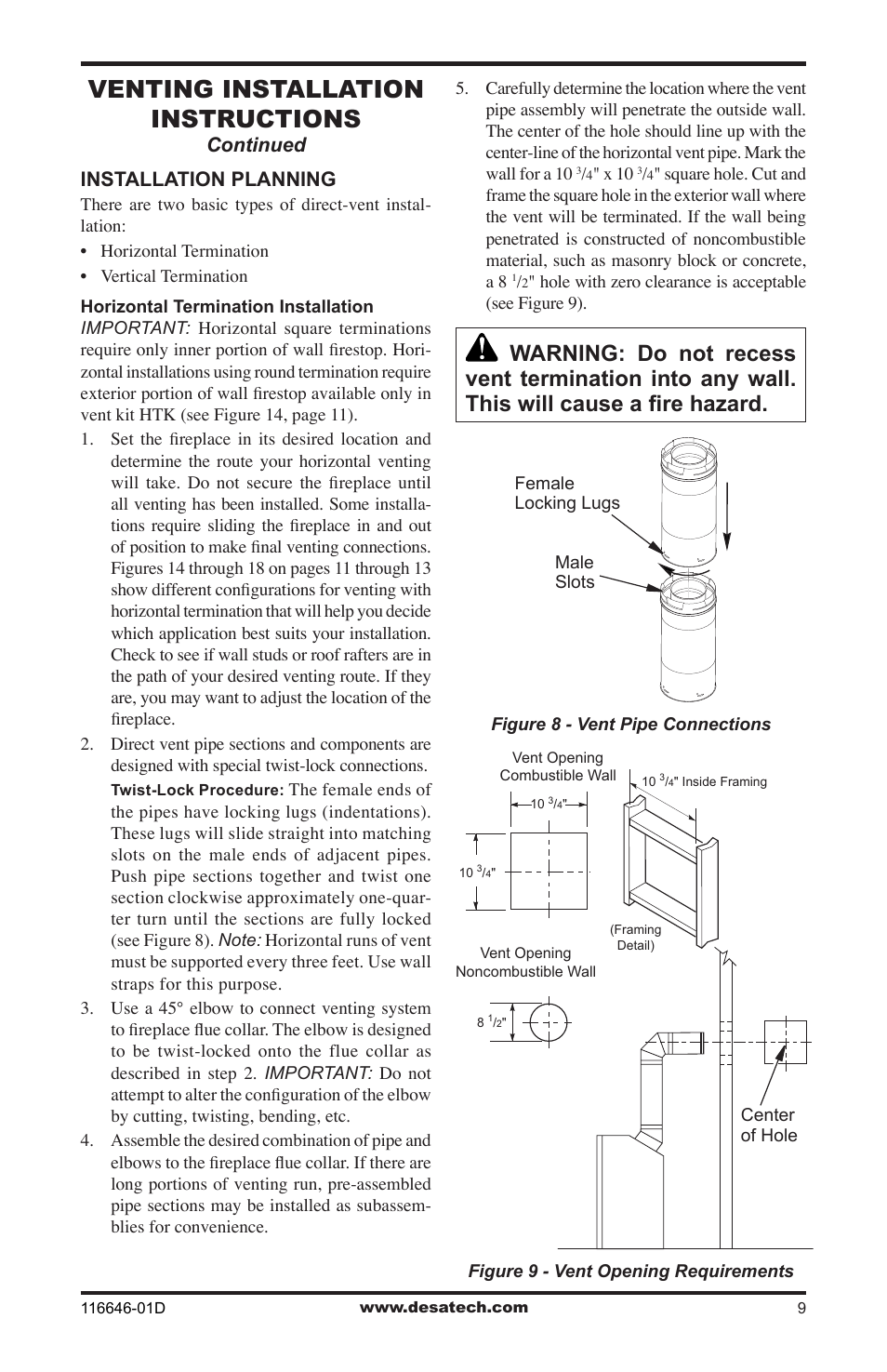 Venting installation instructions, Installation planning, Continued | Desa T32N-a SERIES User Manual | Page 9 / 44