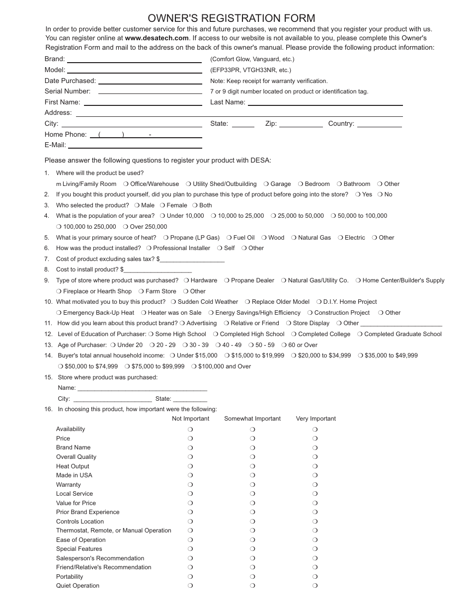 Owner's registration form | Desa BCS18 User Manual | Page 14 / 16