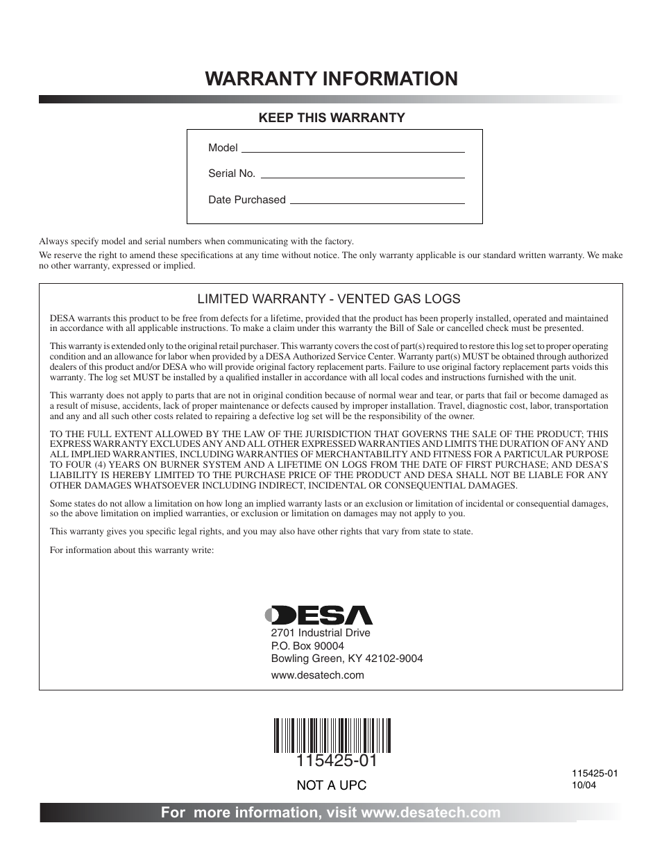 Warranty information | Desa BCS18 User Manual | Page 16 / 16