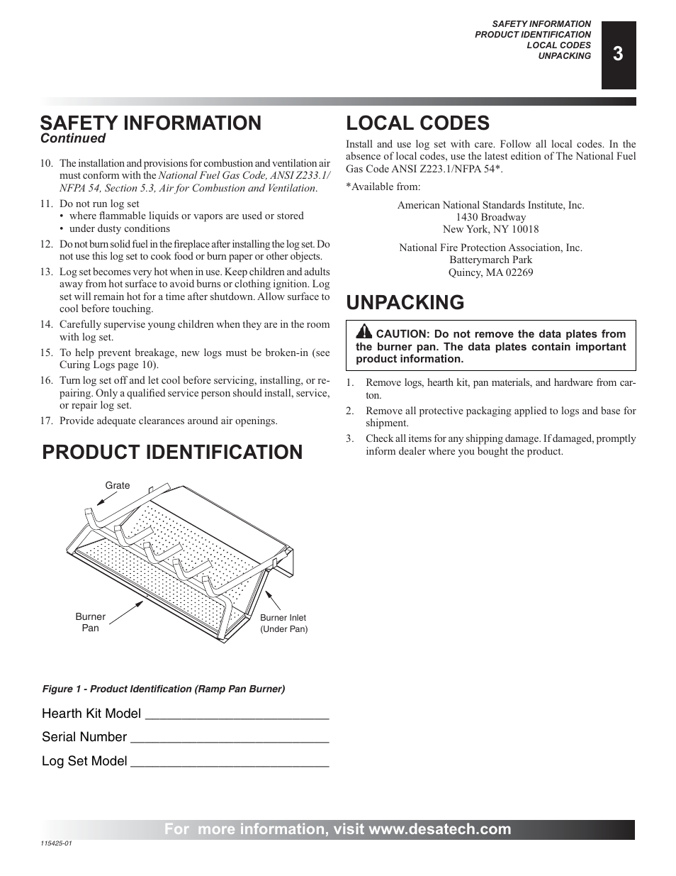 Product identification, Safety information, Unpacking | Local codes | Desa BCS18 User Manual | Page 3 / 16
