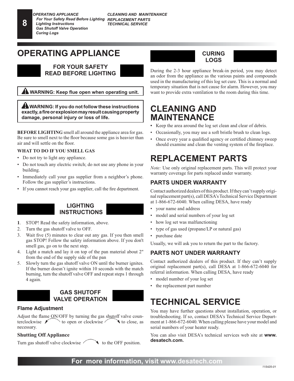 Cleaning and maintenance, Technical service, Replacement parts | Operating appliance | Desa BCS18 User Manual | Page 8 / 16