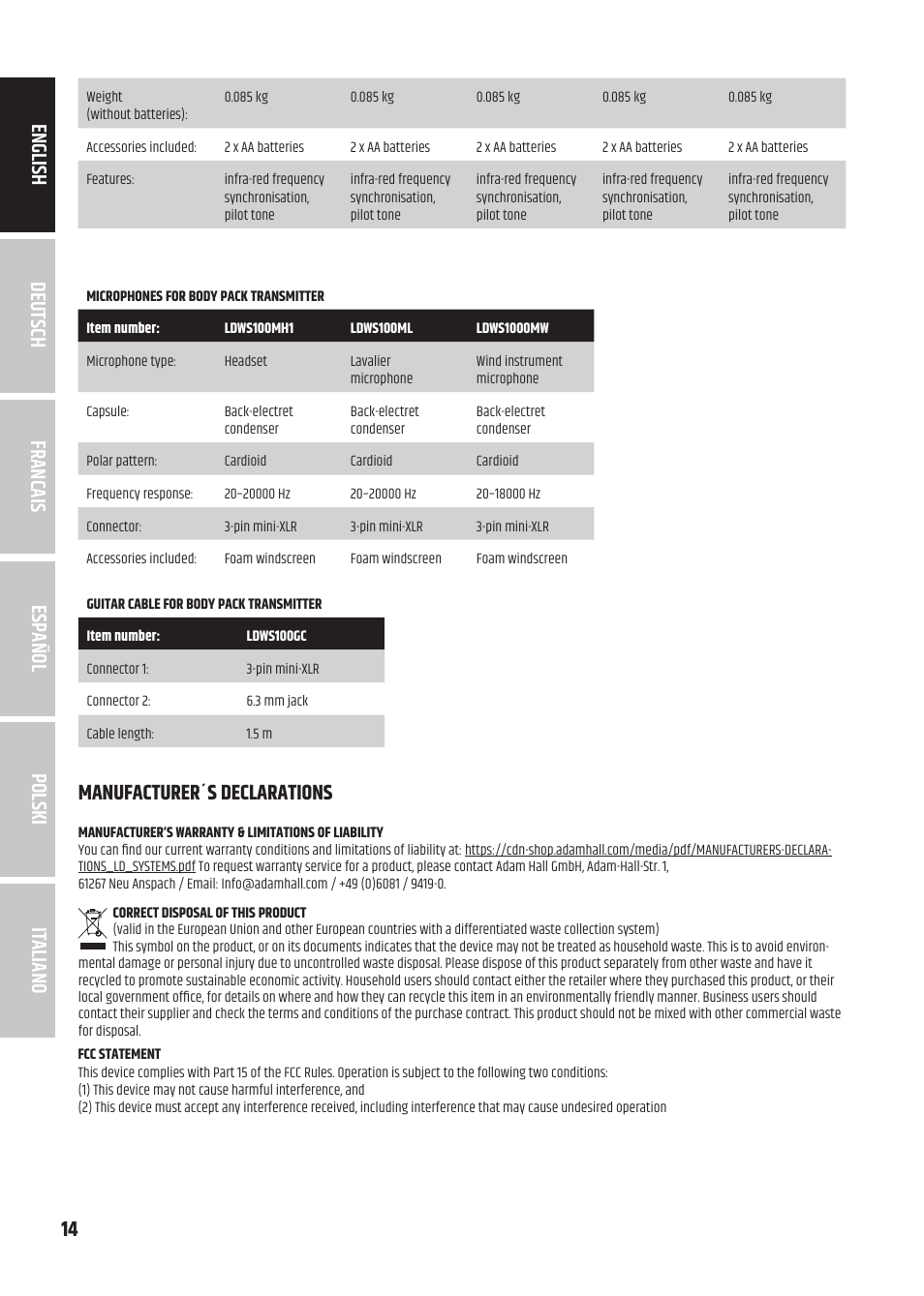 Manufacturer´s declarations | LD Systems U3047 HHD2 Dual Wireless Microphone System with Two Dynamic Handheld Microphone (470 to 490 MHz) User Manual | Page 14 / 84
