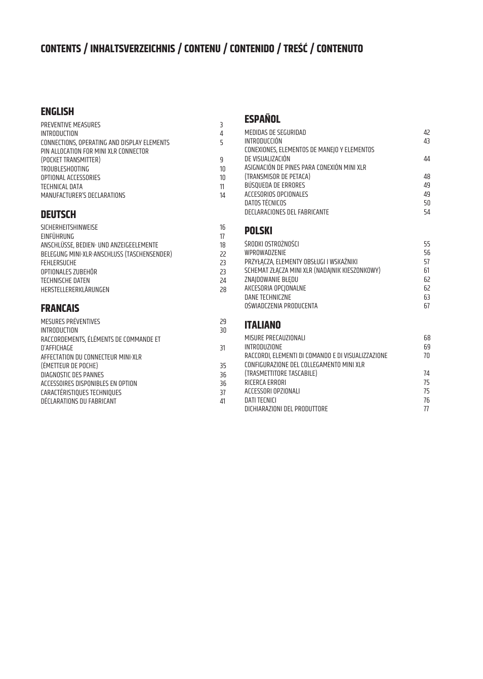 Deutsch, Francais, Español | Polski, Italiano | LD Systems U3047 HHD2 Dual Wireless Microphone System with Two Dynamic Handheld Microphone (470 to 490 MHz) User Manual | Page 2 / 84