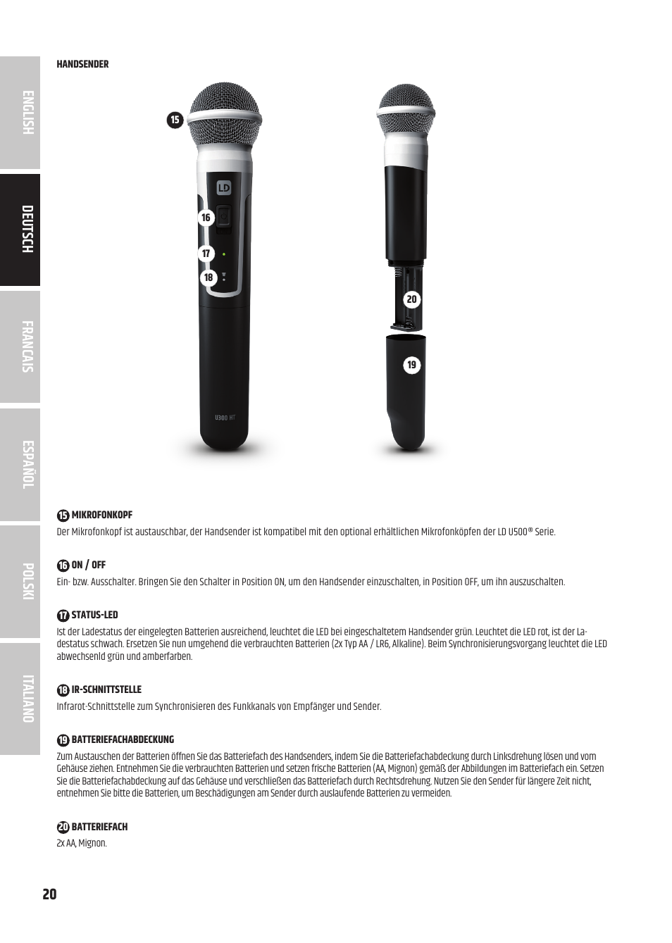 LD Systems U3047 HHD2 Dual Wireless Microphone System with Two Dynamic Handheld Microphone (470 to 490 MHz) User Manual | Page 20 / 84