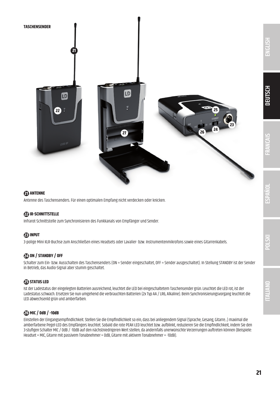 LD Systems U3047 HHD2 Dual Wireless Microphone System with Two Dynamic Handheld Microphone (470 to 490 MHz) User Manual | Page 21 / 84