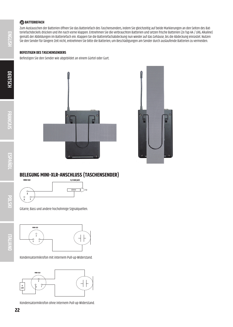 Belegung mini-xlr-anschluss (taschensender) | LD Systems U3047 HHD2 Dual Wireless Microphone System with Two Dynamic Handheld Microphone (470 to 490 MHz) User Manual | Page 22 / 84