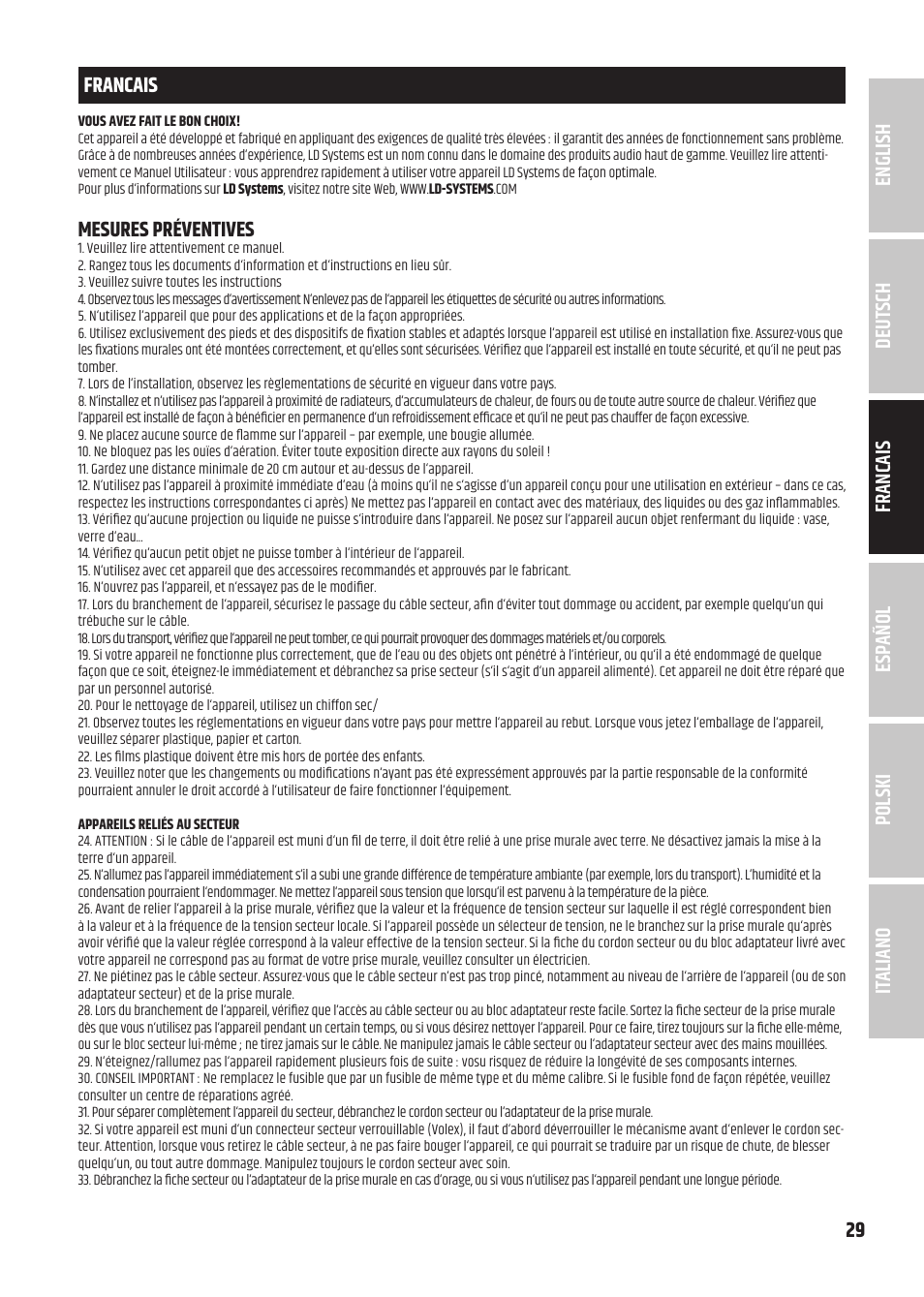 Mesures préventives | LD Systems U3047 HHD2 Dual Wireless Microphone System with Two Dynamic Handheld Microphone (470 to 490 MHz) User Manual | Page 29 / 84