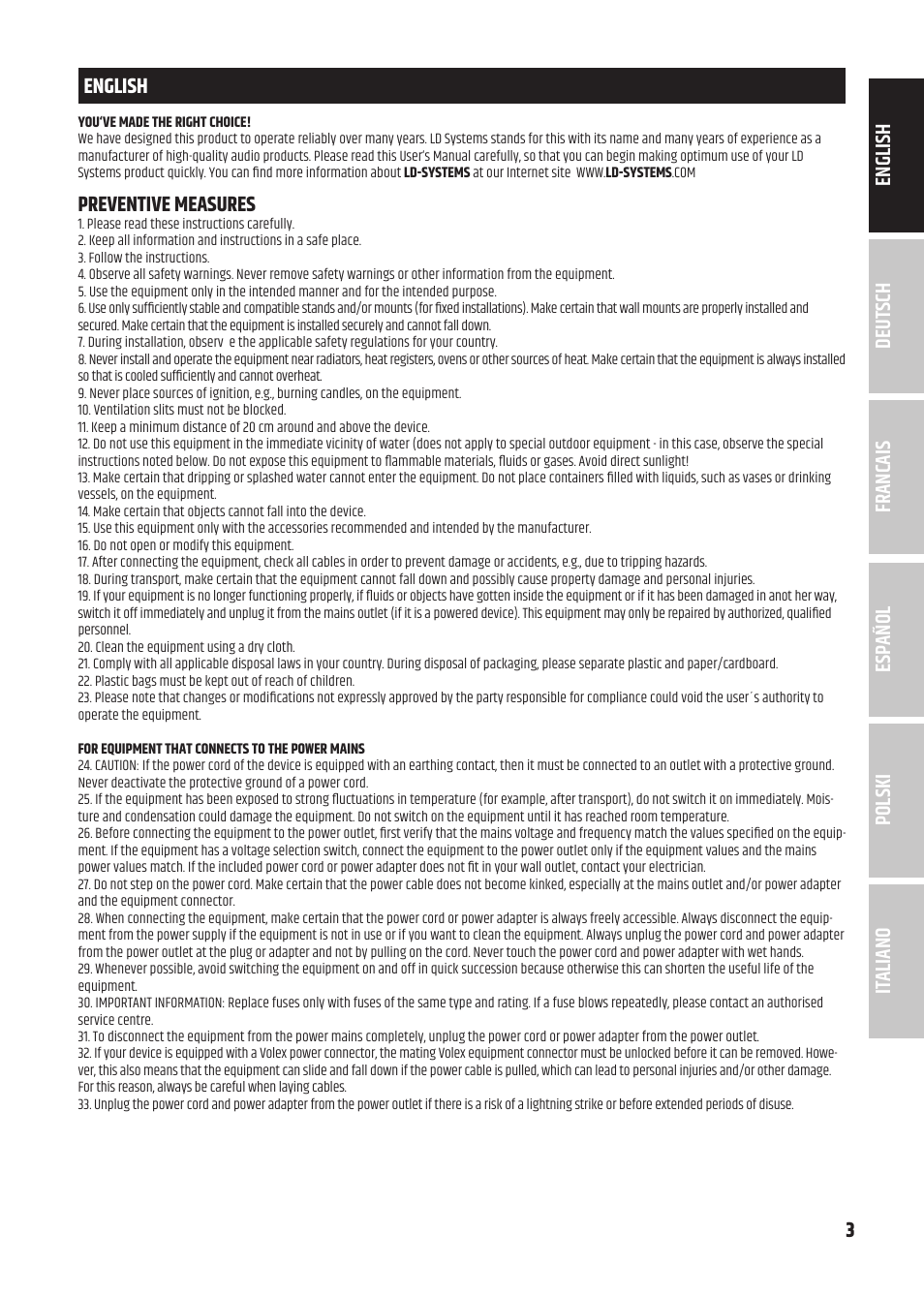 Preventive measures | LD Systems U3047 HHD2 Dual Wireless Microphone System with Two Dynamic Handheld Microphone (470 to 490 MHz) User Manual | Page 3 / 84