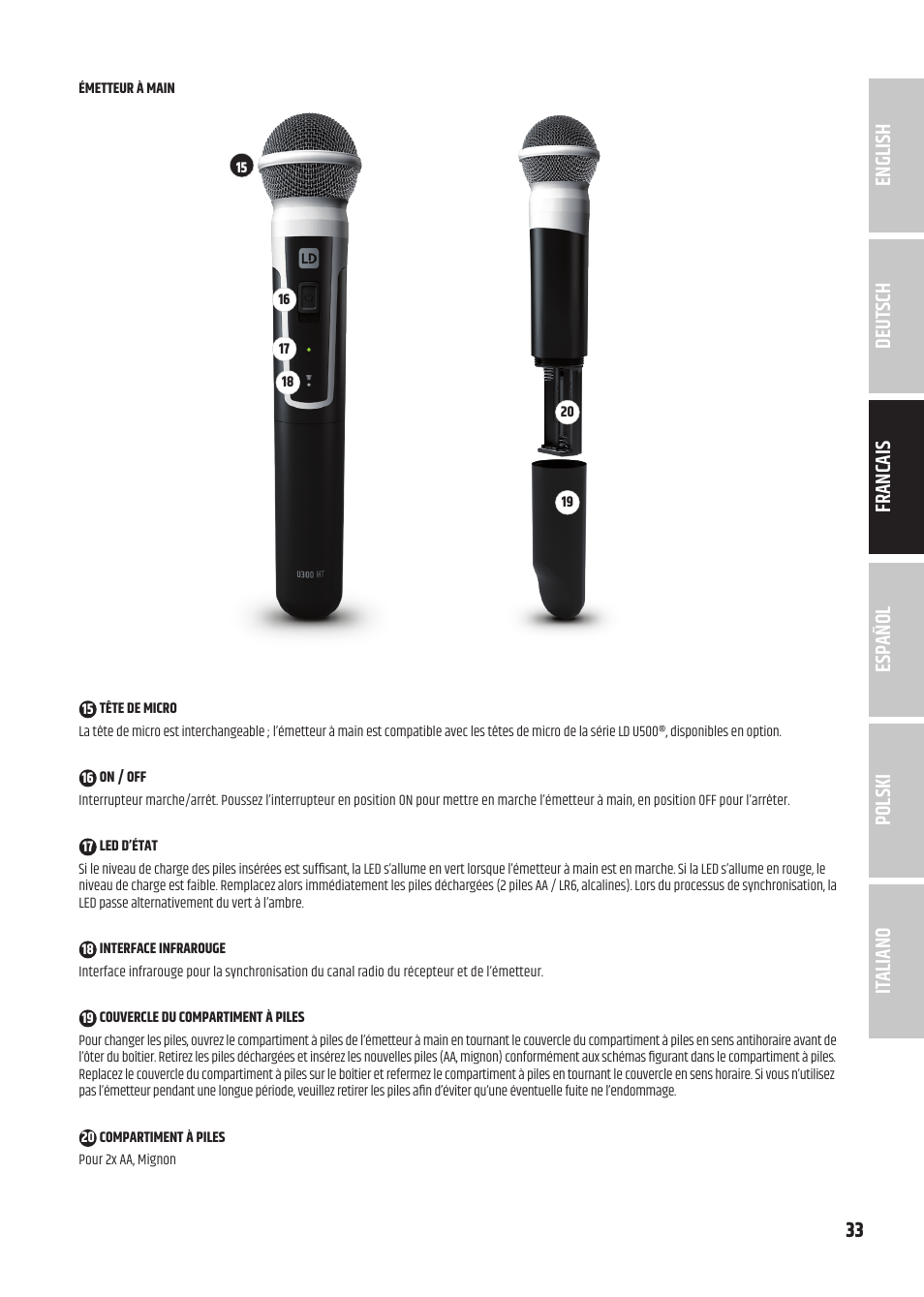 LD Systems U3047 HHD2 Dual Wireless Microphone System with Two Dynamic Handheld Microphone (470 to 490 MHz) User Manual | Page 33 / 84