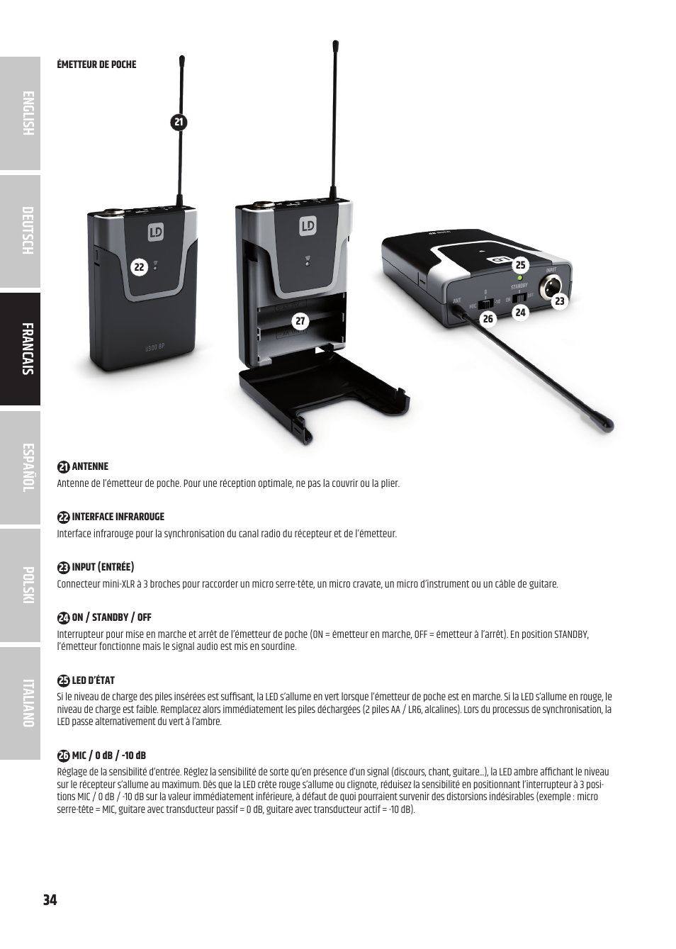 LD Systems U3047 HHD2 Dual Wireless Microphone System with Two Dynamic Handheld Microphone (470 to 490 MHz) User Manual | Page 34 / 84