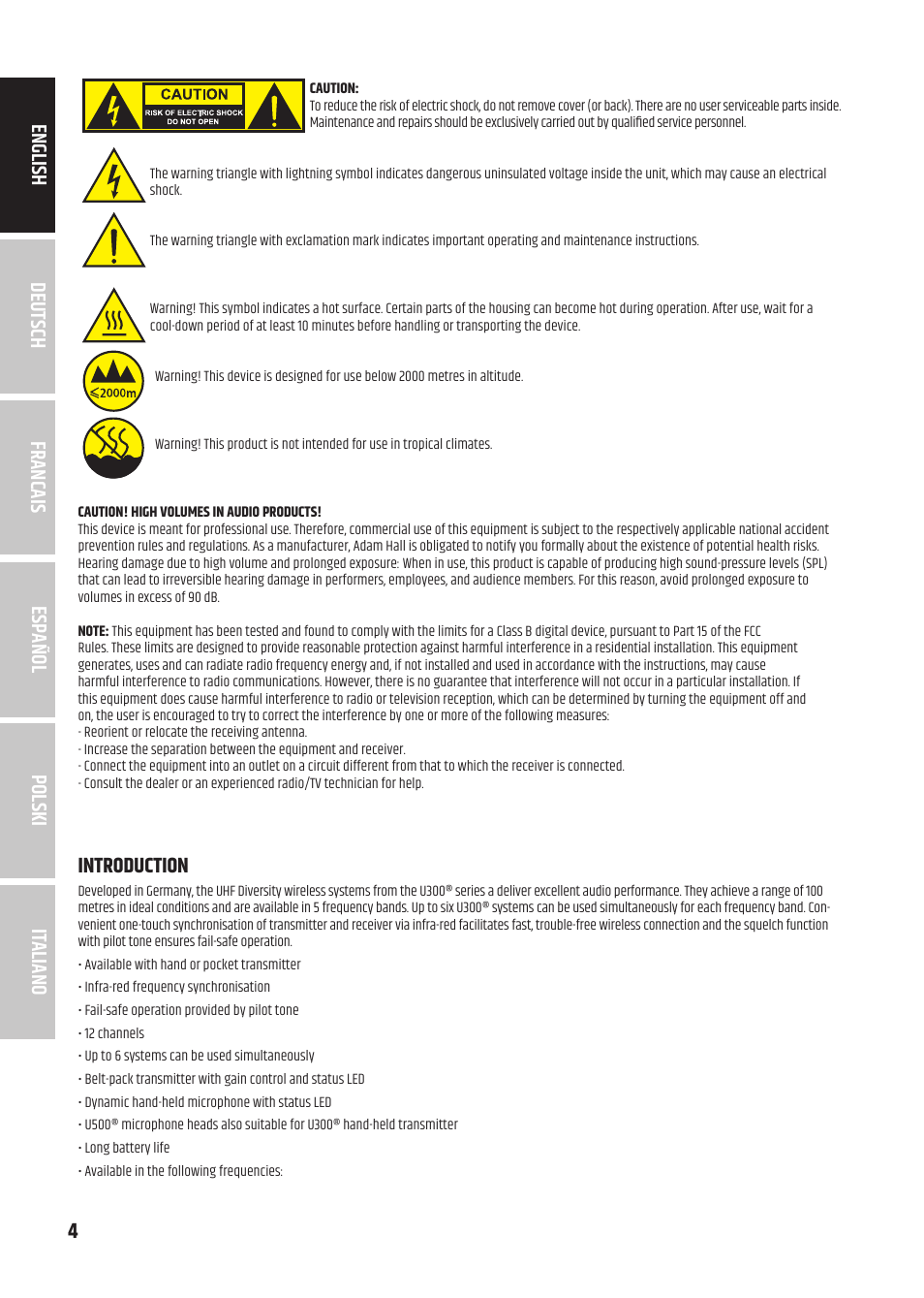 4italiano polski español francais deutsch english, Introduction | LD Systems U3047 HHD2 Dual Wireless Microphone System with Two Dynamic Handheld Microphone (470 to 490 MHz) User Manual | Page 4 / 84