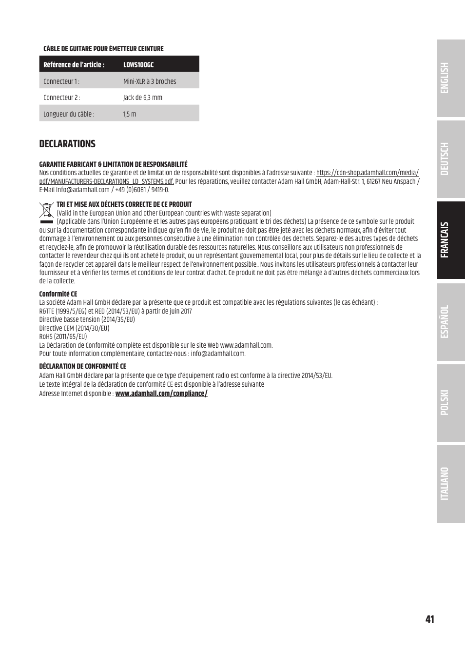 Declarations | LD Systems U3047 HHD2 Dual Wireless Microphone System with Two Dynamic Handheld Microphone (470 to 490 MHz) User Manual | Page 41 / 84