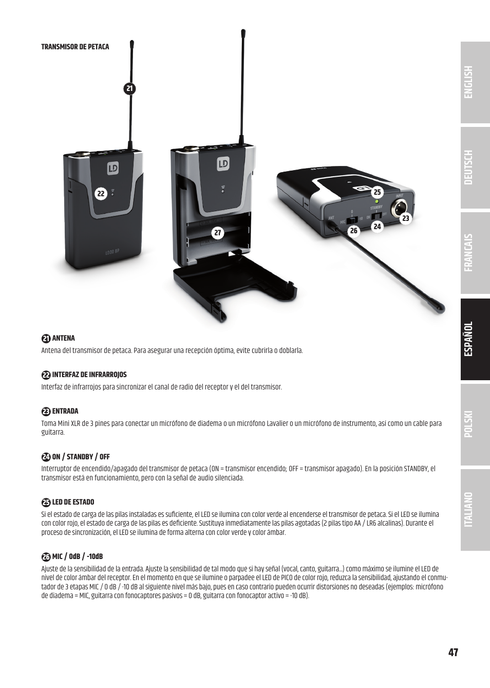 LD Systems U3047 HHD2 Dual Wireless Microphone System with Two Dynamic Handheld Microphone (470 to 490 MHz) User Manual | Page 47 / 84