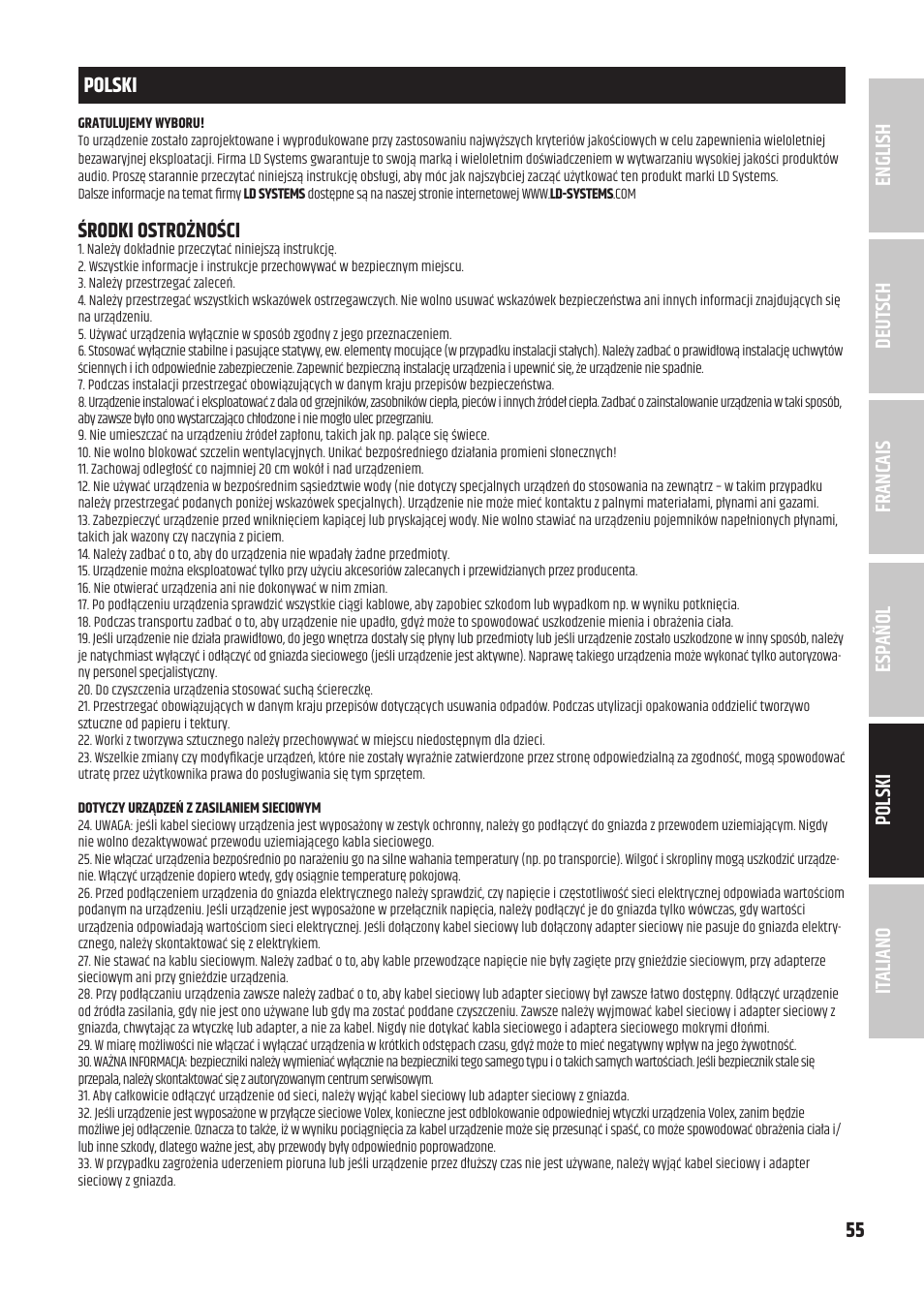 Środki ostrożności | LD Systems U3047 HHD2 Dual Wireless Microphone System with Two Dynamic Handheld Microphone (470 to 490 MHz) User Manual | Page 55 / 84