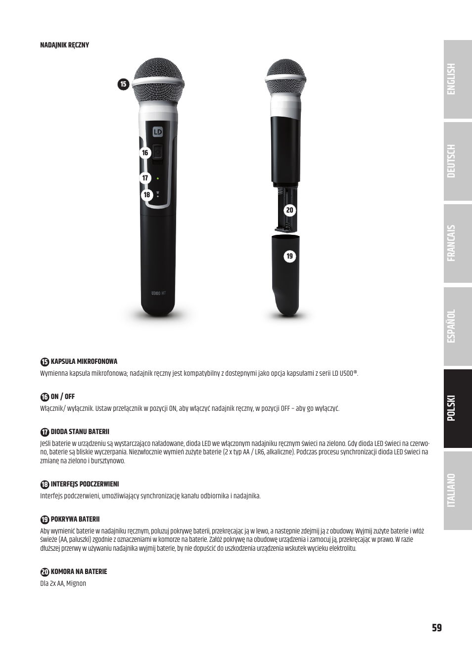 LD Systems U3047 HHD2 Dual Wireless Microphone System with Two Dynamic Handheld Microphone (470 to 490 MHz) User Manual | Page 59 / 84