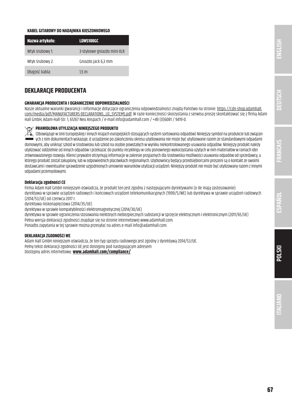 Deklaracje producenta | LD Systems U3047 HHD2 Dual Wireless Microphone System with Two Dynamic Handheld Microphone (470 to 490 MHz) User Manual | Page 67 / 84