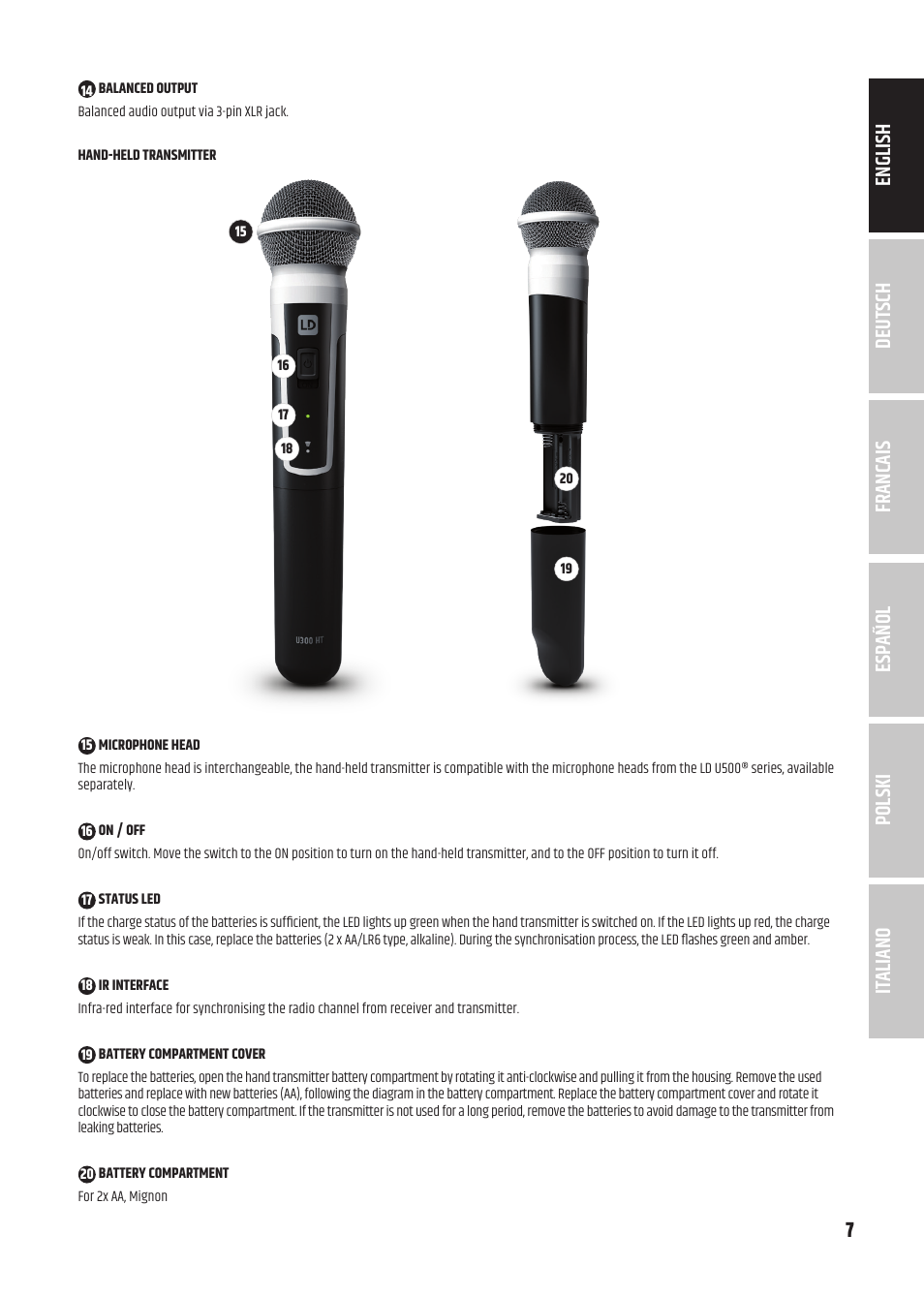7deutsch francais español english italiano polski | LD Systems U3047 HHD2 Dual Wireless Microphone System with Two Dynamic Handheld Microphone (470 to 490 MHz) User Manual | Page 7 / 84