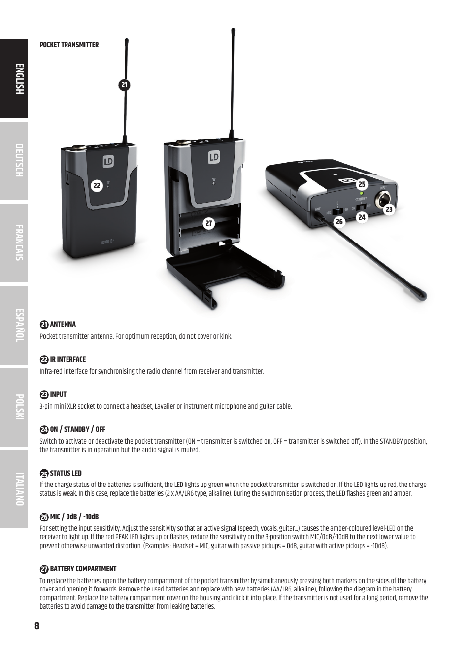 8italiano polski español francais deutsch english | LD Systems U3047 HHD2 Dual Wireless Microphone System with Two Dynamic Handheld Microphone (470 to 490 MHz) User Manual | Page 8 / 84