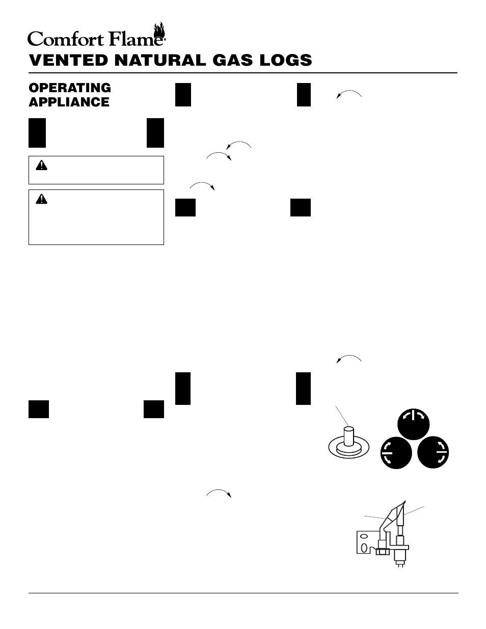 Vented natural gas logs, Operating appliance, Lighting instructions | For your safety read before lighting, Gas shut-off valve operation, Curing logs, Operating instructions for ga9050 | Desa PCVDR24 RGA User Manual | Page 12 / 20