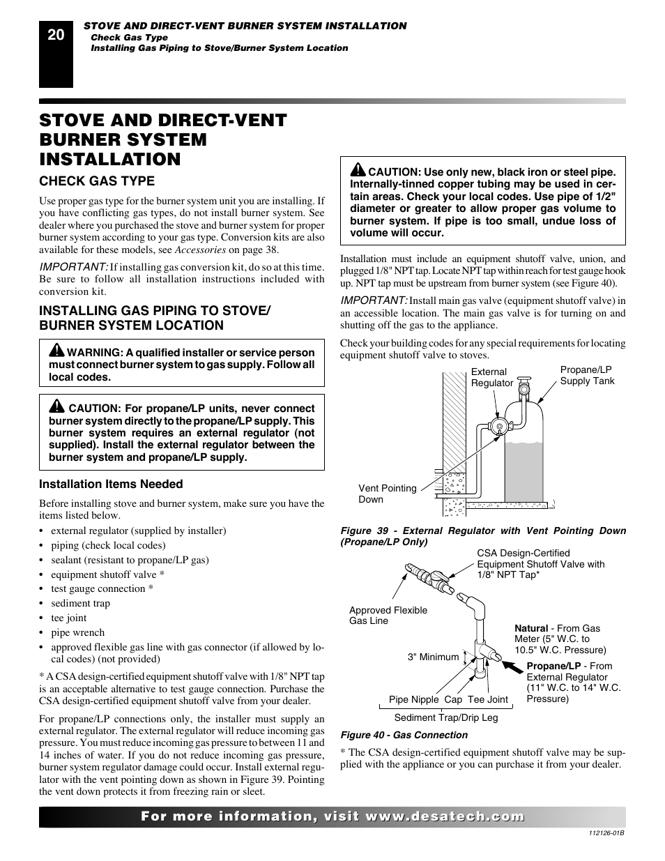 Stove and direct-vent burner system installation | Desa AMITY SDVBND User Manual | Page 20 / 42