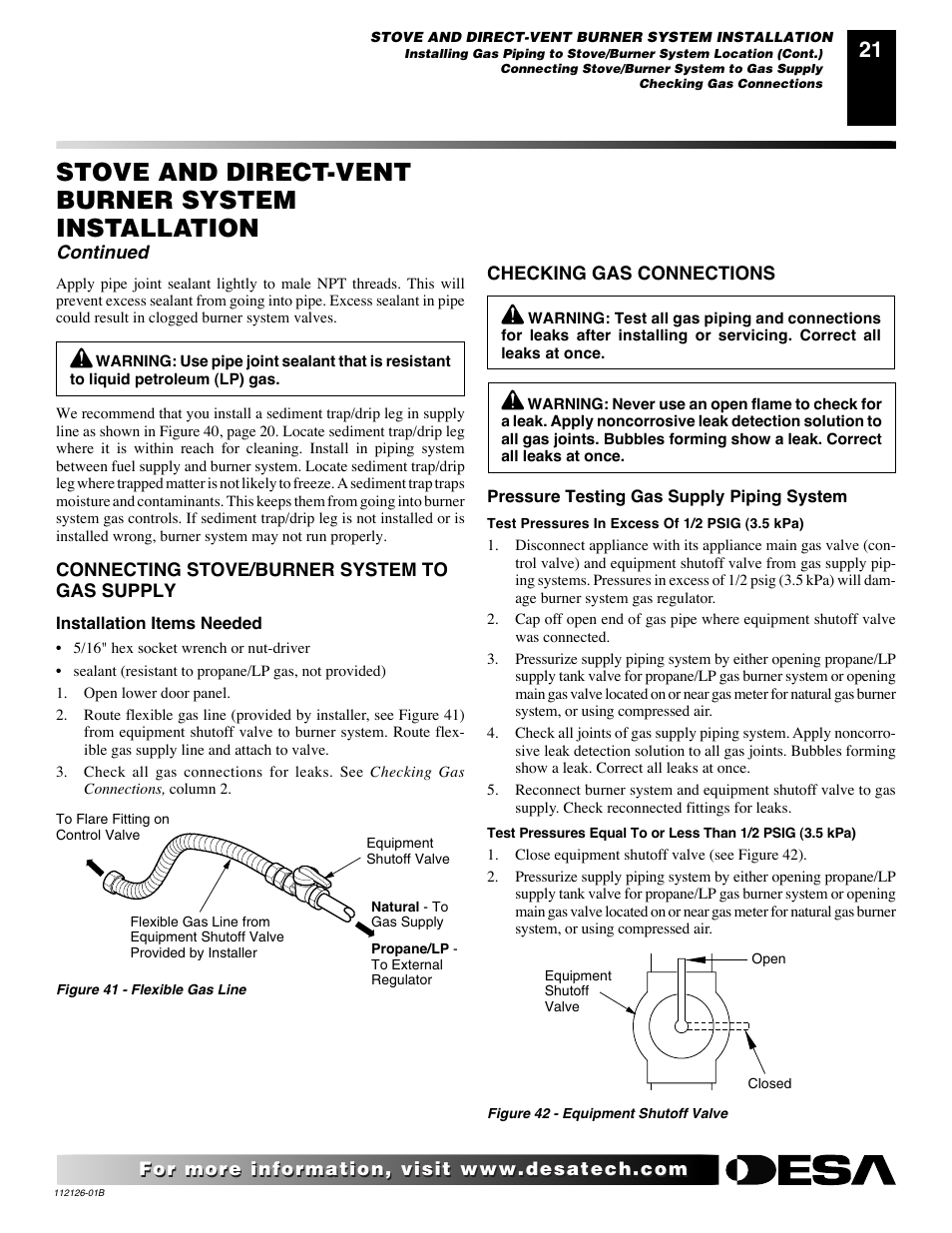 Stove and direct-vent burner system installation, Continued | Desa AMITY SDVBND User Manual | Page 21 / 42