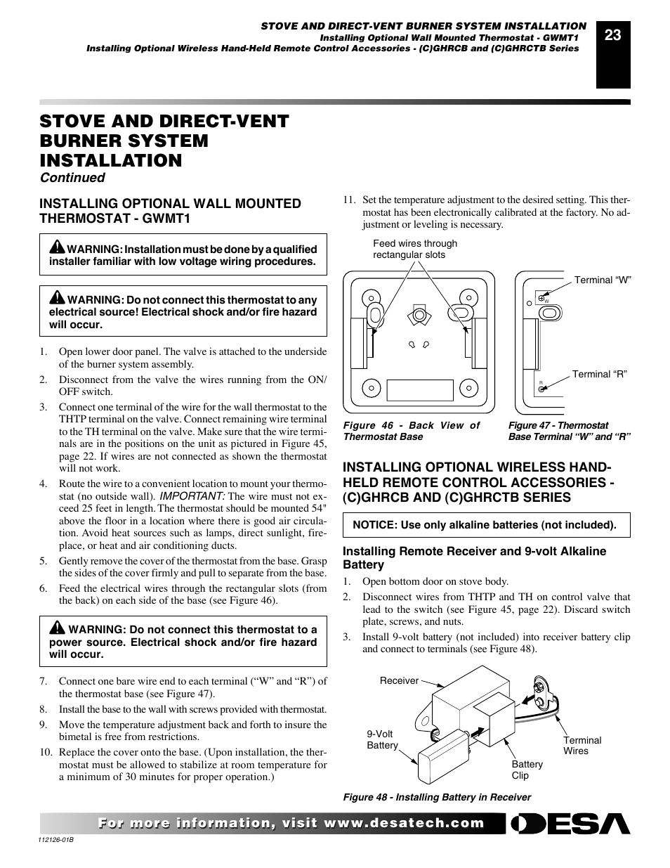 Stove and direct-vent burner system installation, Continued | Desa AMITY SDVBND User Manual | Page 23 / 42