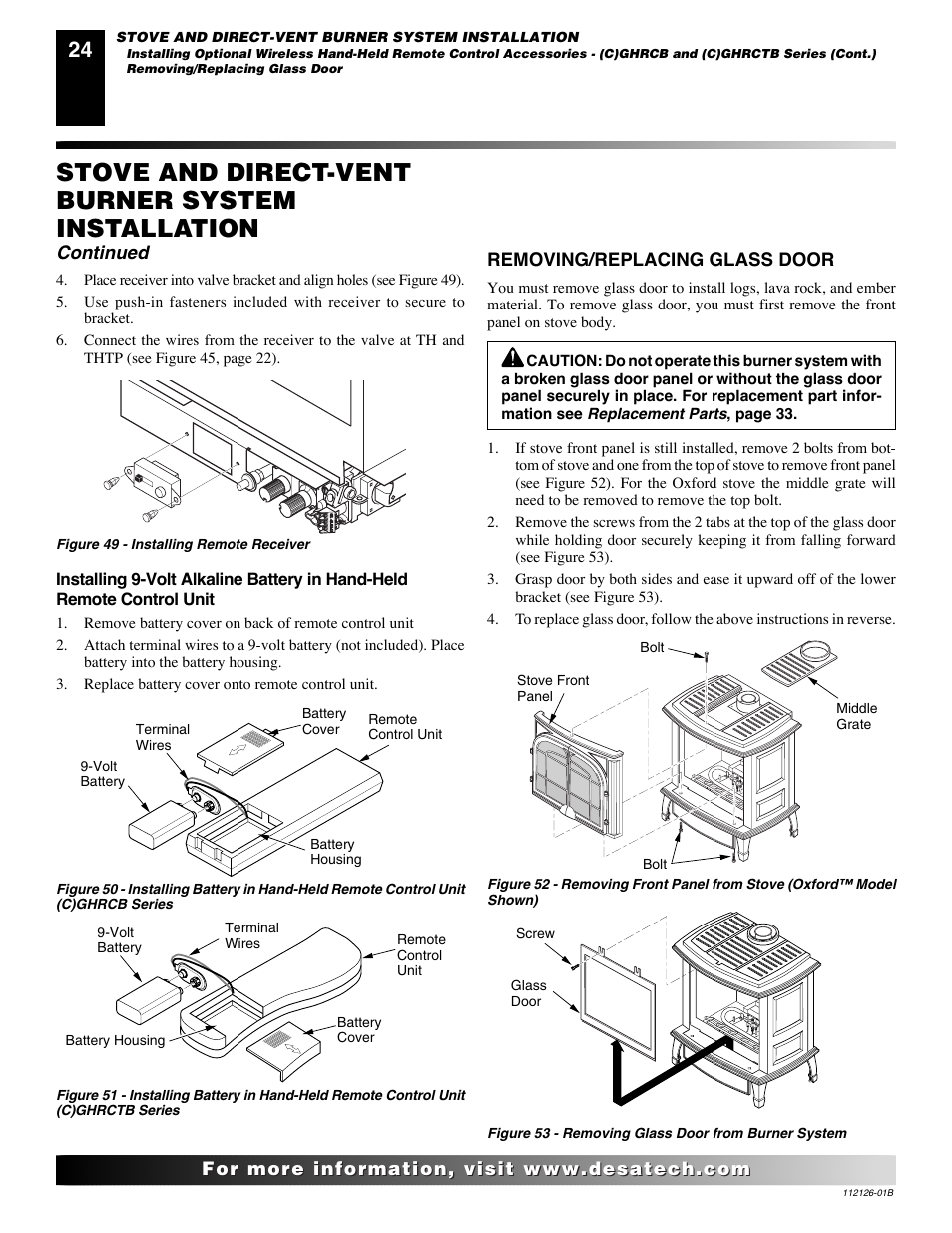 Stove and direct-vent burner system installation, Continued, Removing/replacing glass door | Desa AMITY SDVBND User Manual | Page 24 / 42