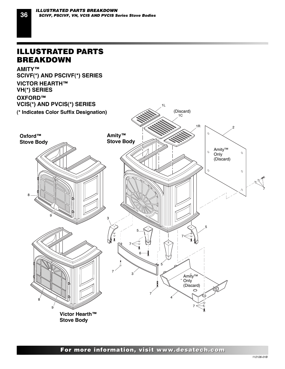 Illustrated parts breakdown, Indicates color suffix designation) | Desa AMITY SDVBND User Manual | Page 36 / 42