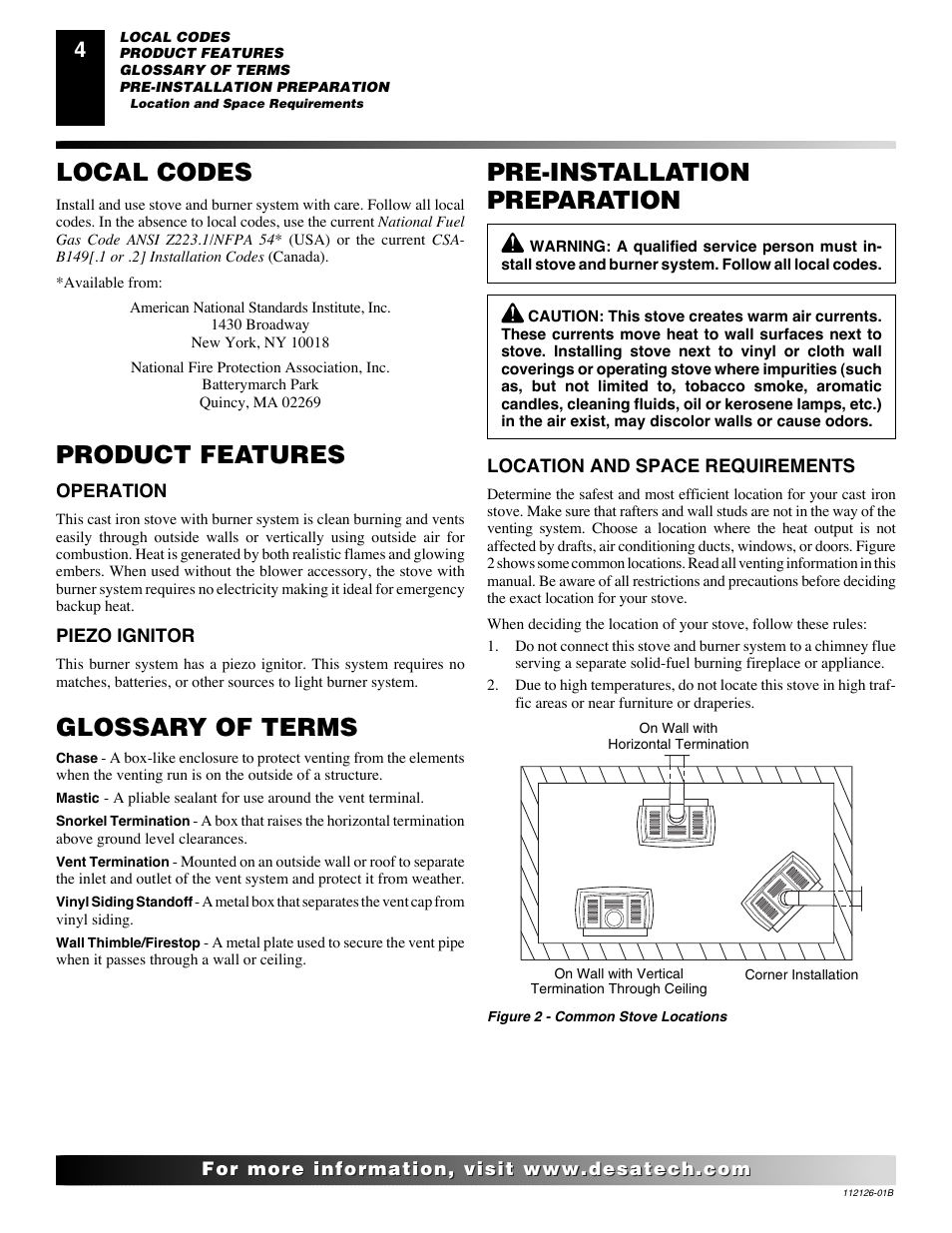 Pre-installation preparation, Local codes, Product features | Glossary of terms | Desa AMITY SDVBND User Manual | Page 4 / 42