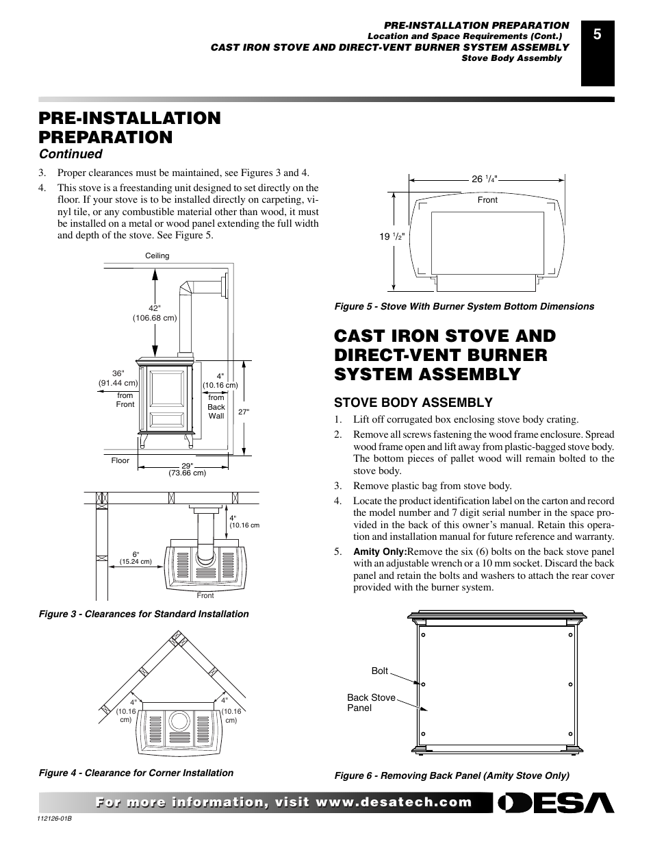 Pre-installation preparation, Continued, Stove body assembly | Desa AMITY SDVBND User Manual | Page 5 / 42