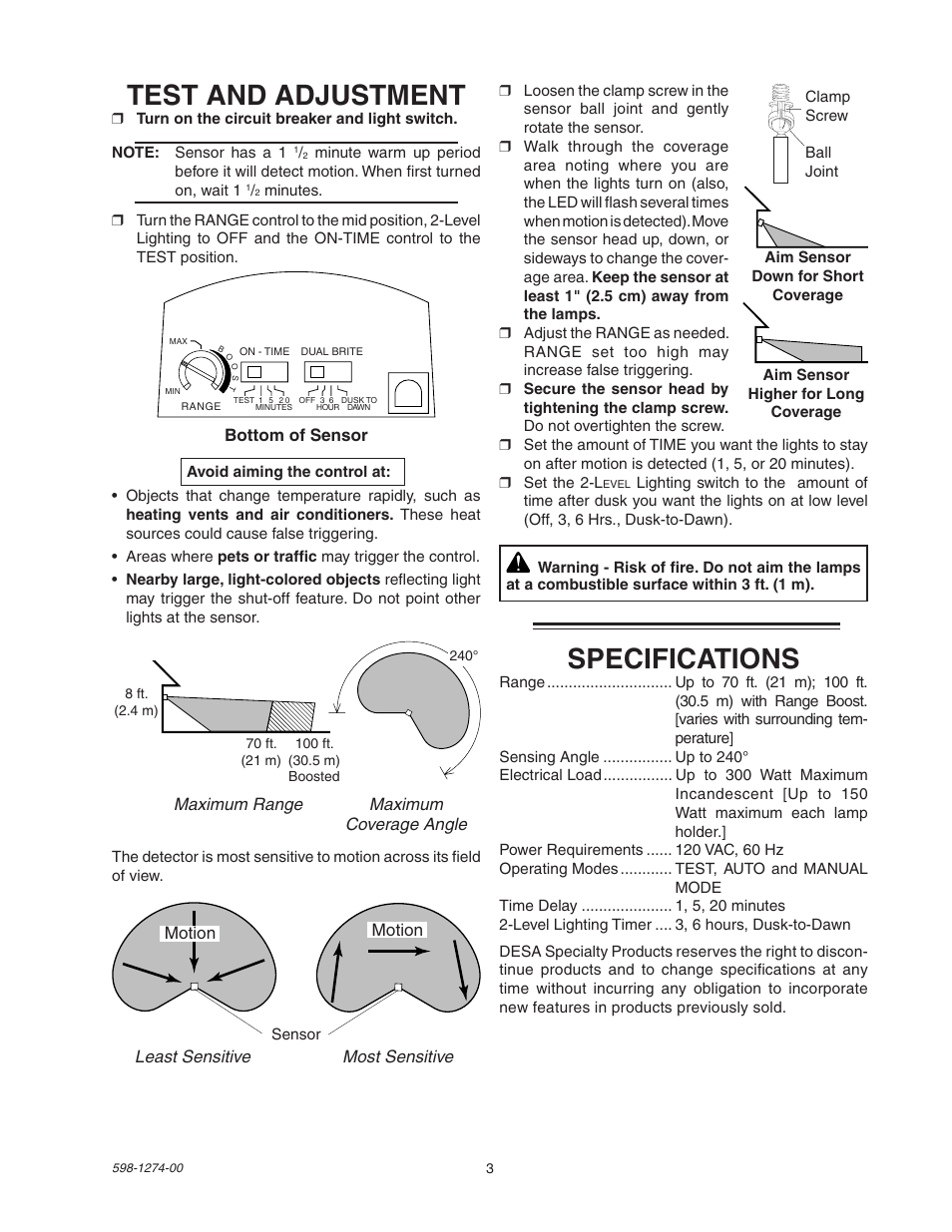 Test and adjustment, Specifications | Desa Models 5312 User Manual | Page 3 / 8