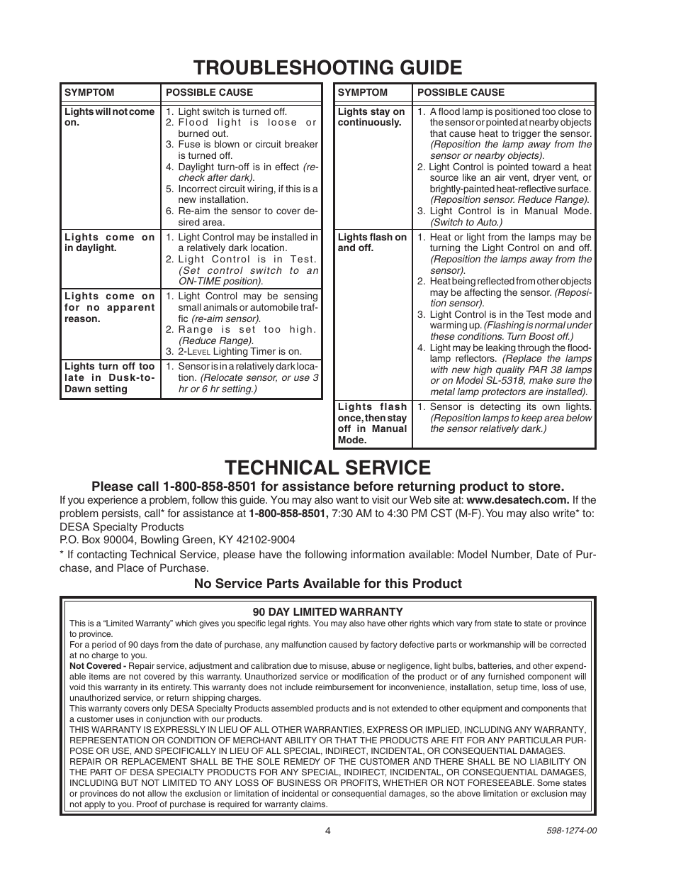 Troubleshooting guide technical service, No service parts available for this product | Desa Models 5312 User Manual | Page 4 / 8