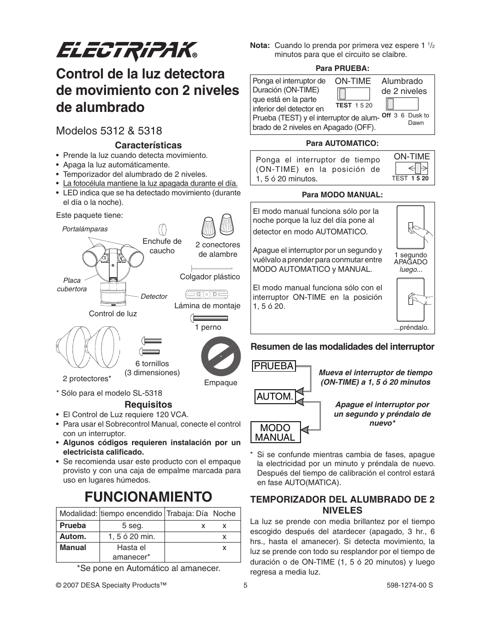 Funcionamiento, Prueba autom. modo manual | Desa Models 5312 User Manual | Page 5 / 8