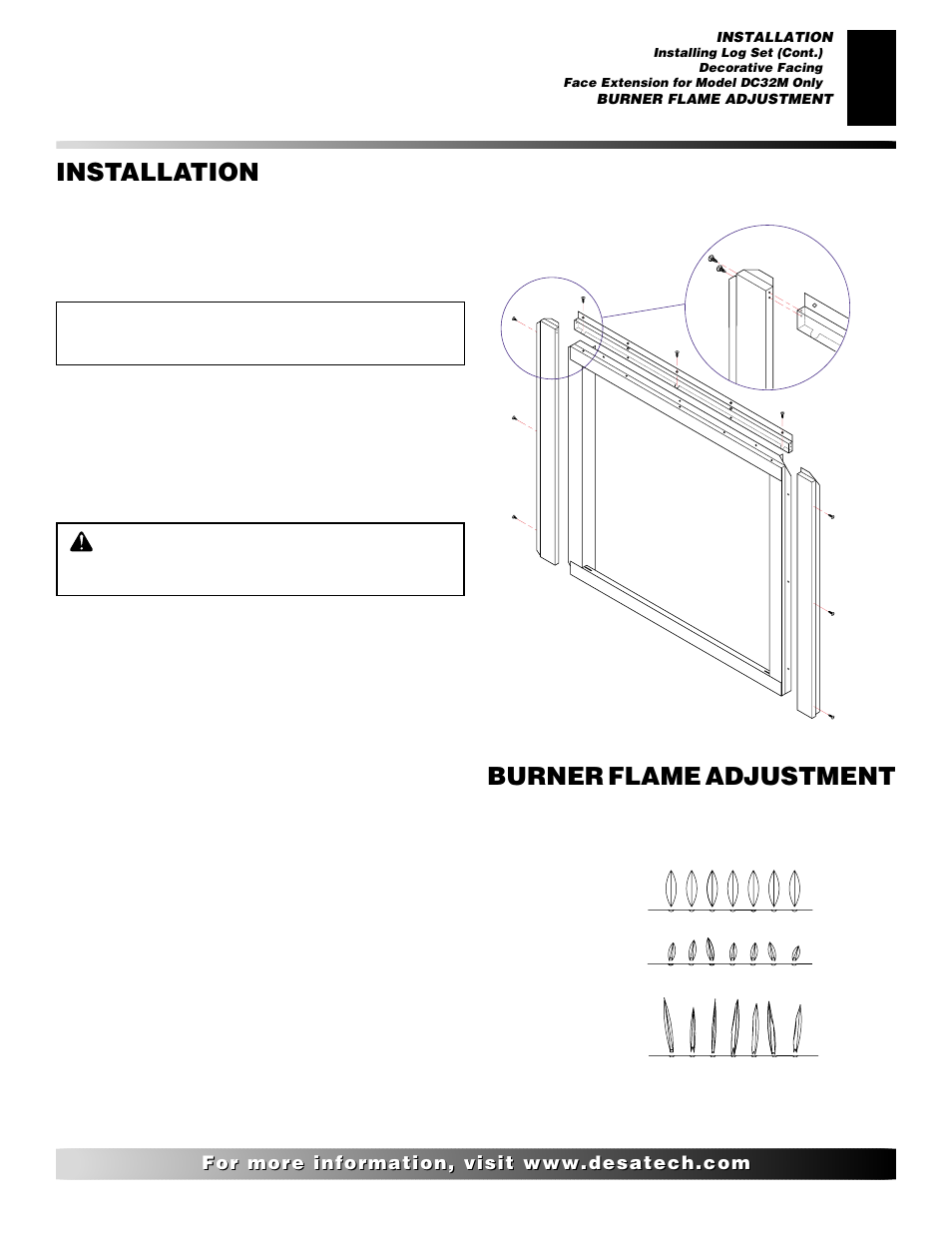 Installation, Burner flame adjustment, Continued | Desa CD32M User Manual | Page 11 / 22