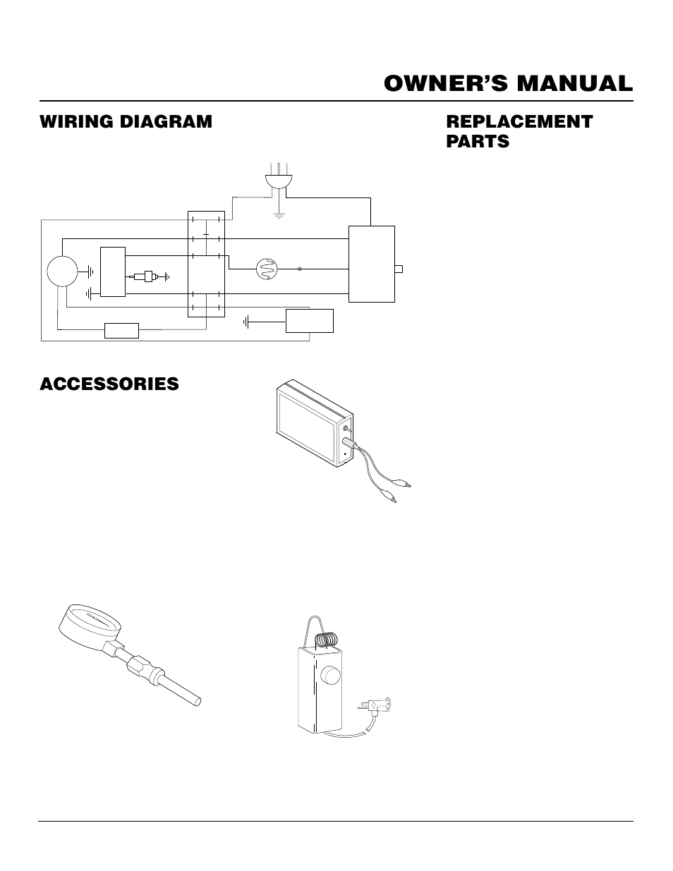 Owner’s manual, Wiring diagram, Replacement parts | Accessories, Parts under warranty, Parts not under warranty, Air gauge kit - ha1180, Flame-out control/ photocell tester ha1170 | Desa B200 User Manual | Page 15 / 16