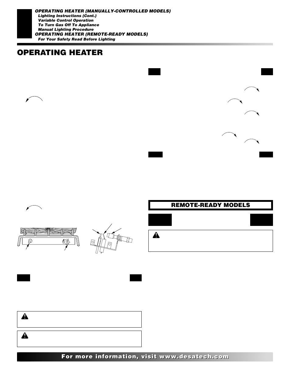 Operating heater, Continued, Variable control operation | Manual lighting procedure | Desa FLAME-MAX Golden User Manual | Page 20 / 48