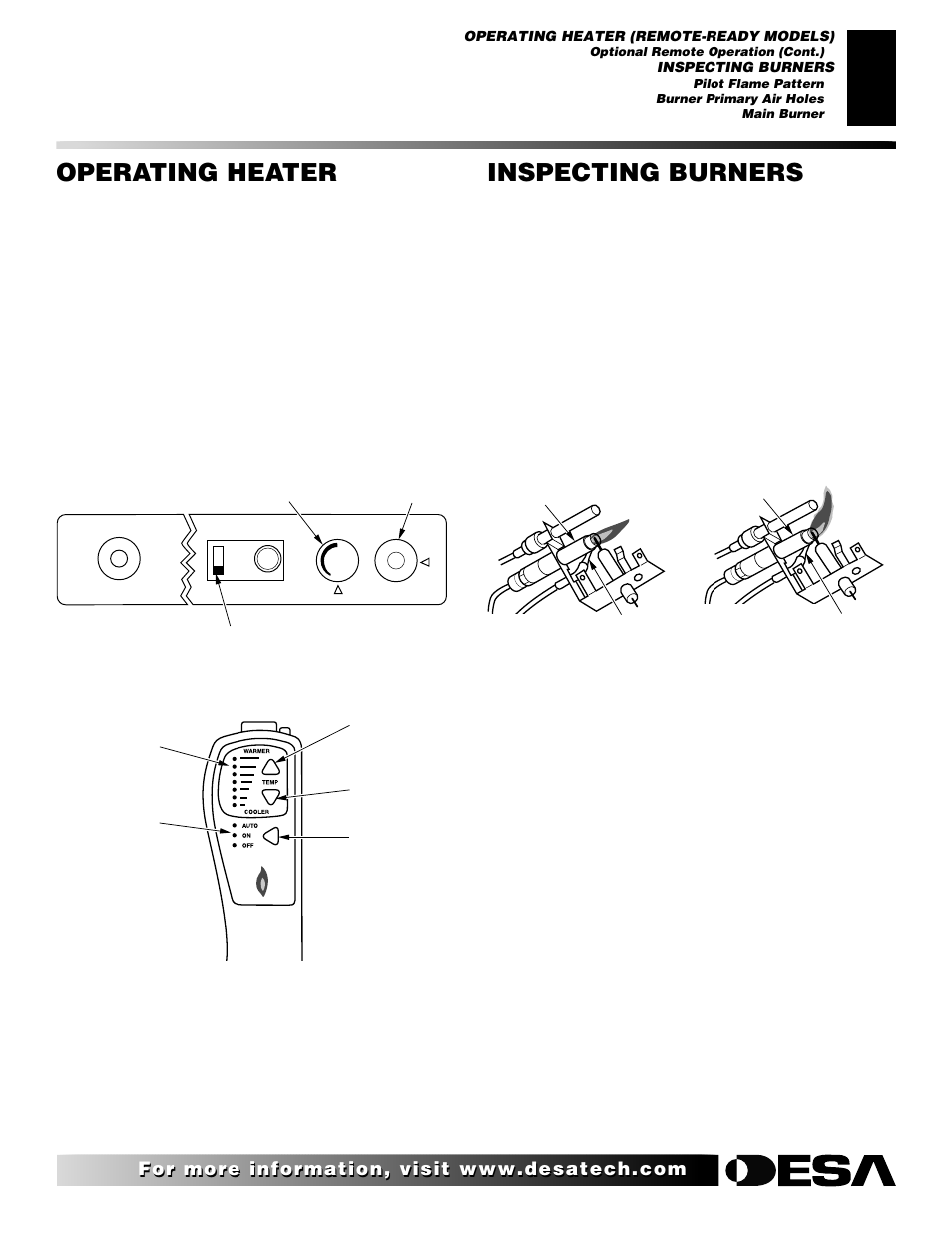 Inspecting burners, Operating heater, Continued | Pilot flame pattern, Burner primary air holes, Main burner | Desa FLAME-MAX Golden User Manual | Page 23 / 48