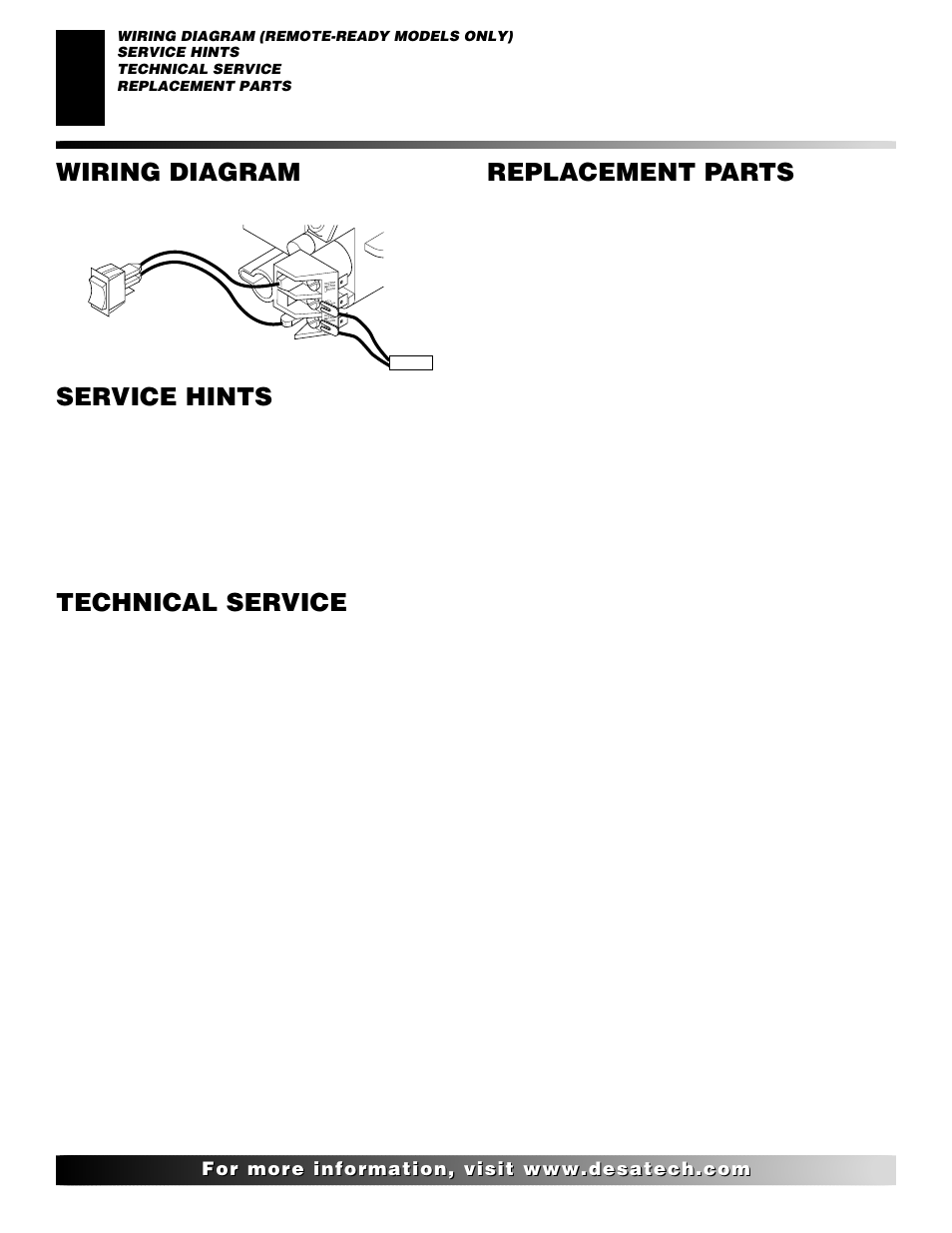 Wiring diagram, Service hints, Technical service | Replacement parts | Desa FLAME-MAX Golden User Manual | Page 30 / 48