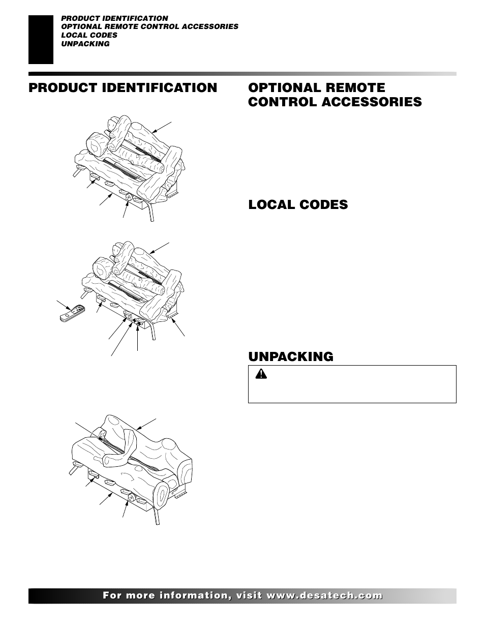 Product identification, Optional remote control accessories, Local codes | Unpacking | Desa FLAME-MAX Golden User Manual | Page 4 / 48