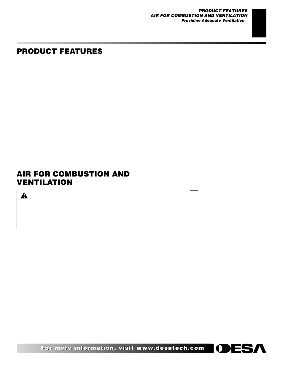 Product features, Air for combustion and ventilation | Desa FLAME-MAX Golden User Manual | Page 5 / 48