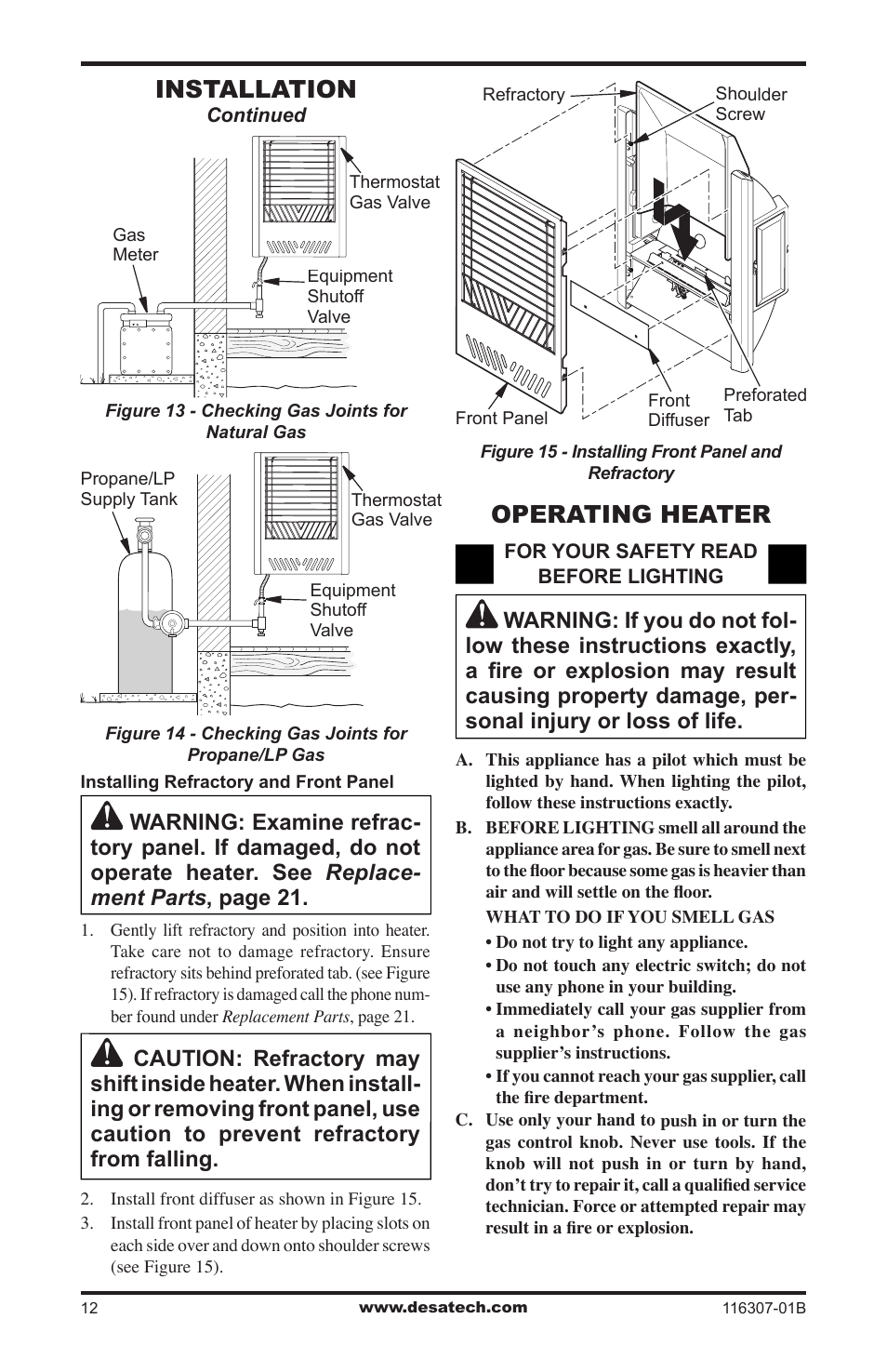 Operating heater, Installation | Desa VSF30NT User Manual | Page 12 / 48