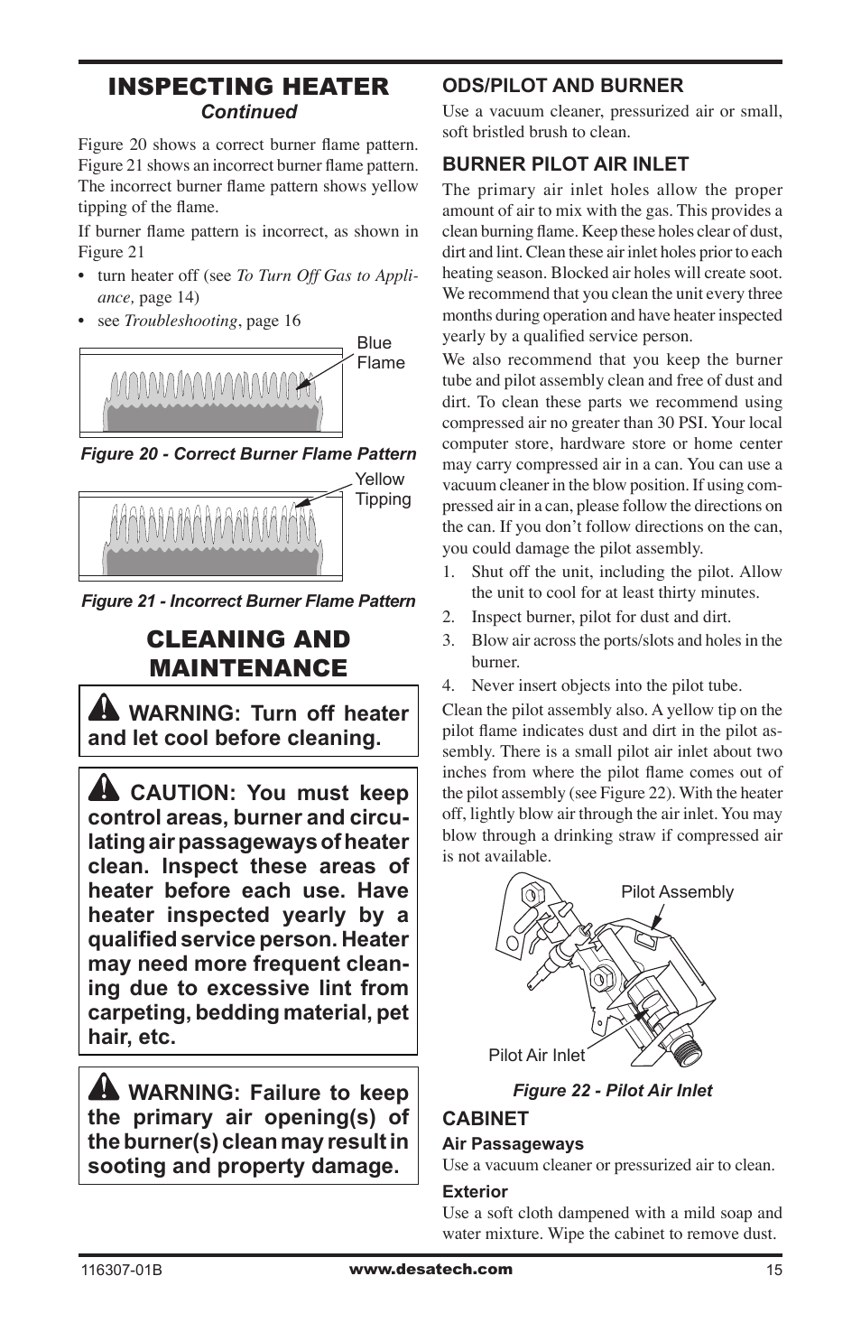 Cleaning and maintenance, Inspecting heater | Desa VSF30NT User Manual | Page 15 / 48