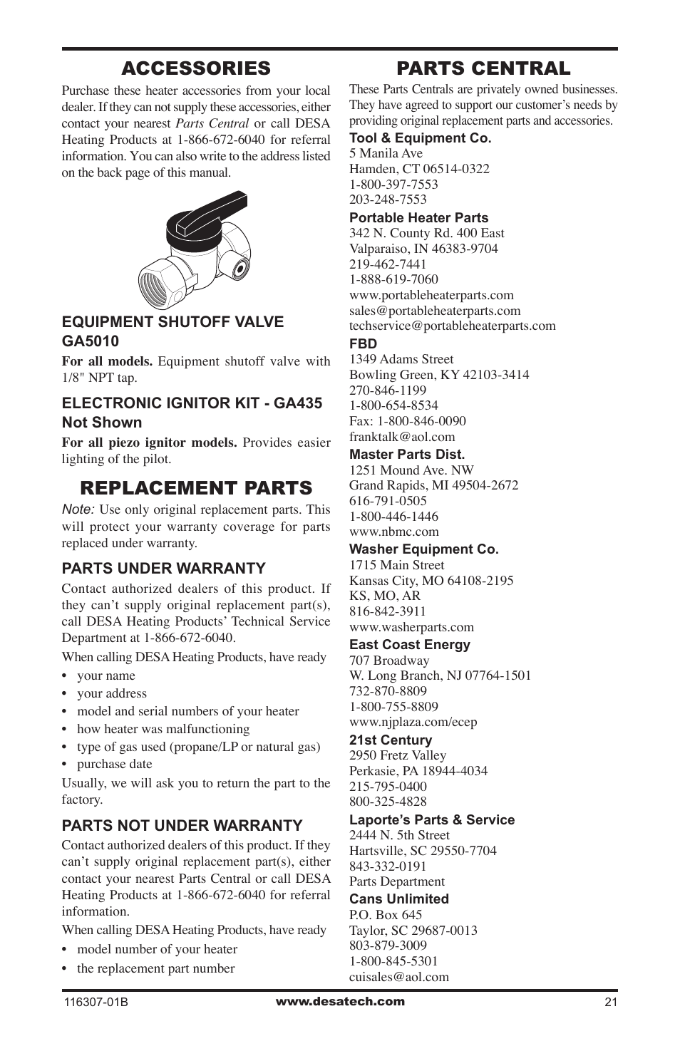 Accessories, Replacement parts, Parts central | Desa VSF30NT User Manual | Page 21 / 48