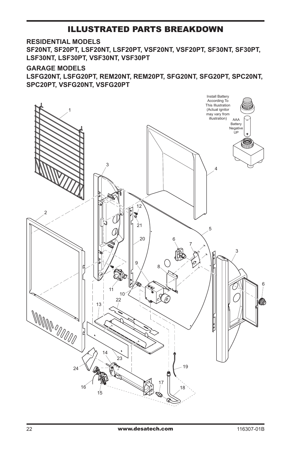 Illustrated parts breakdown and parts list, Illustrated parts breakdown | Desa VSF30NT User Manual | Page 22 / 48