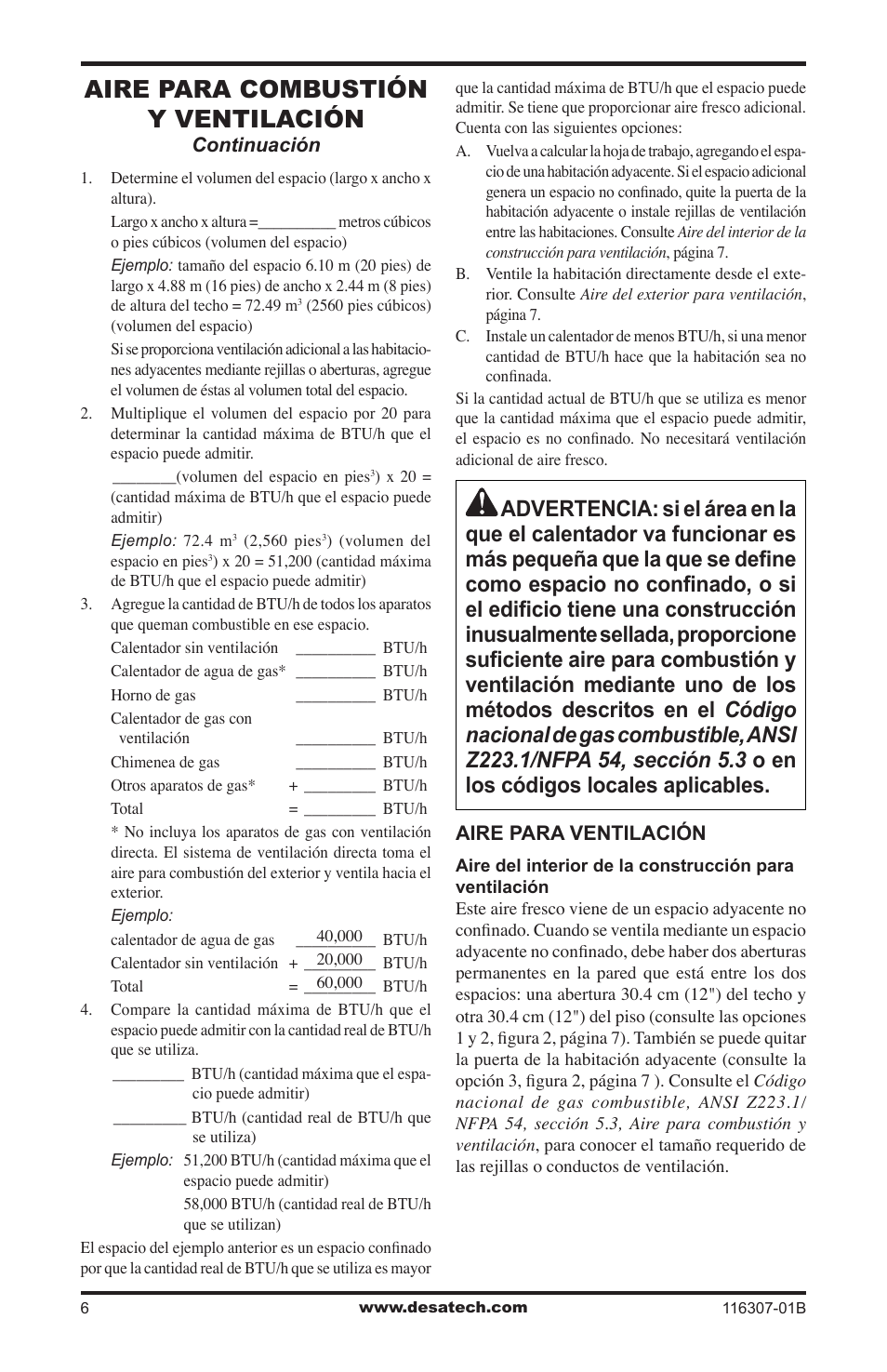 Aire para combustión y ventilación | Desa VSF30NT User Manual | Page 30 / 48