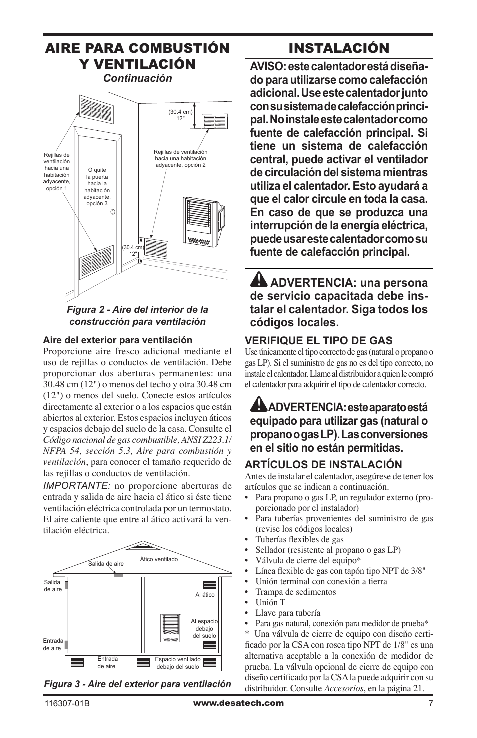 Instalación, Aire para combustión y ventilación | Desa VSF30NT User Manual | Page 31 / 48