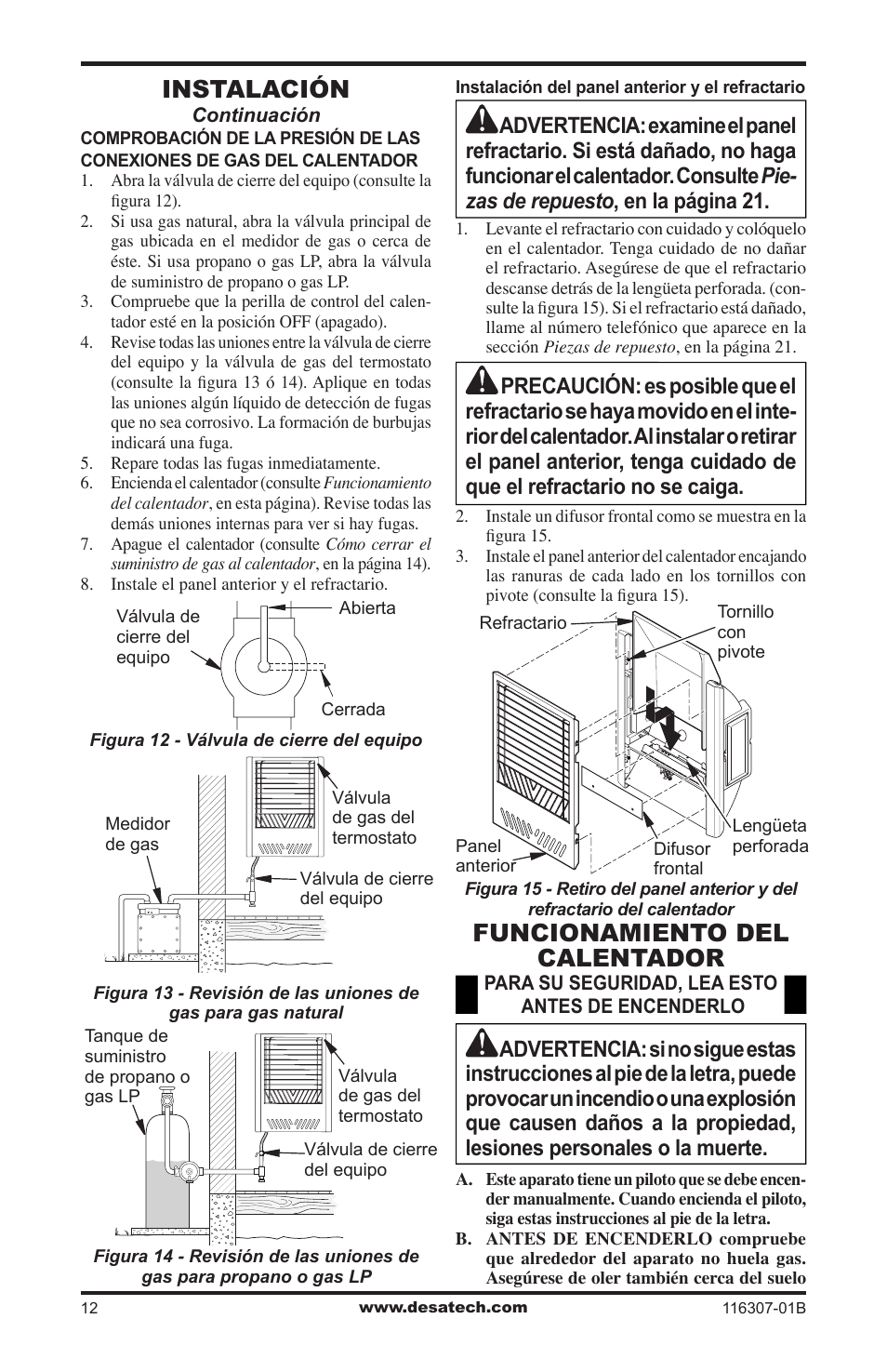 Funcionamiento del calentador, Instalación | Desa VSF30NT User Manual | Page 36 / 48